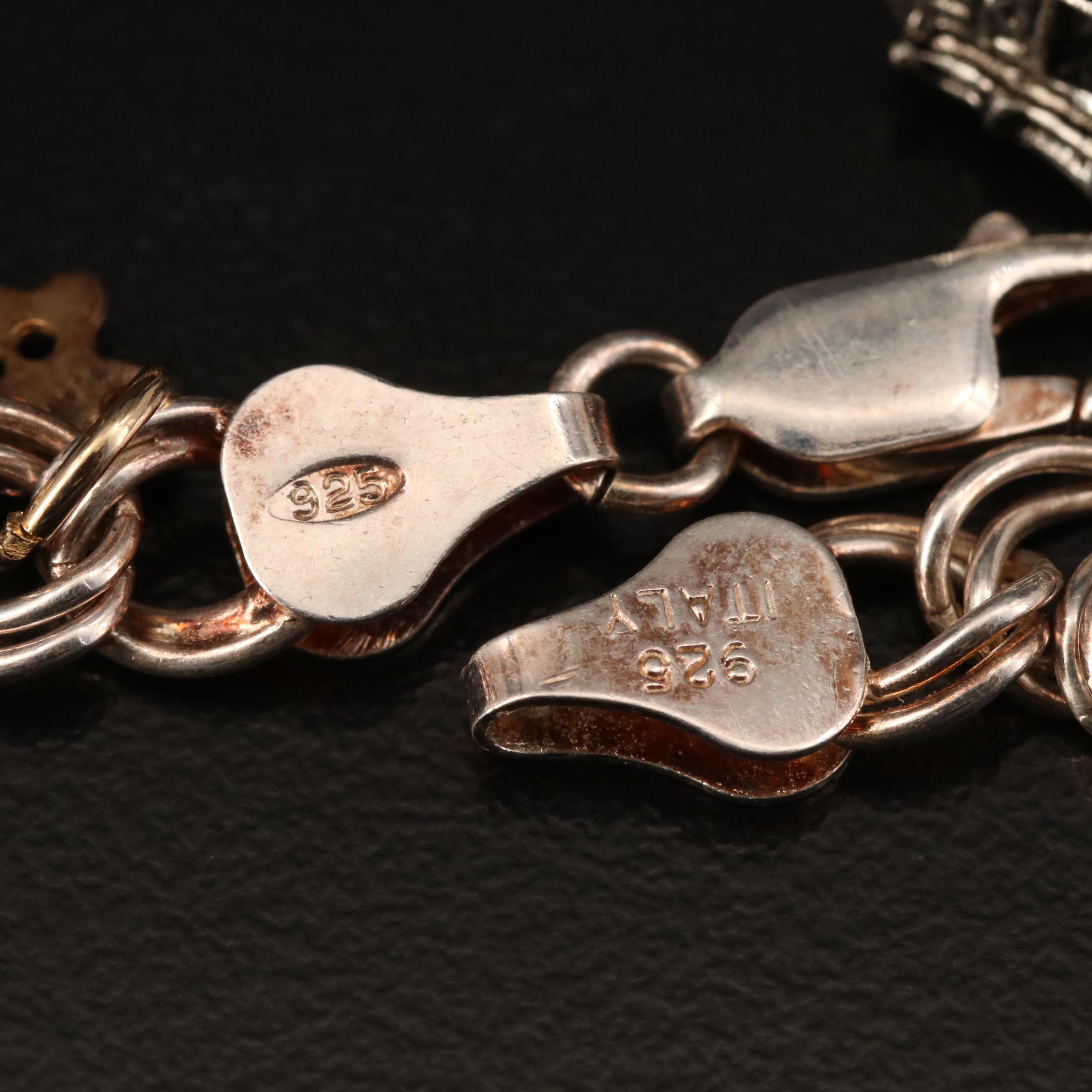 Sterling Silver Charm Bracelet Including Rhinestones and Enamel