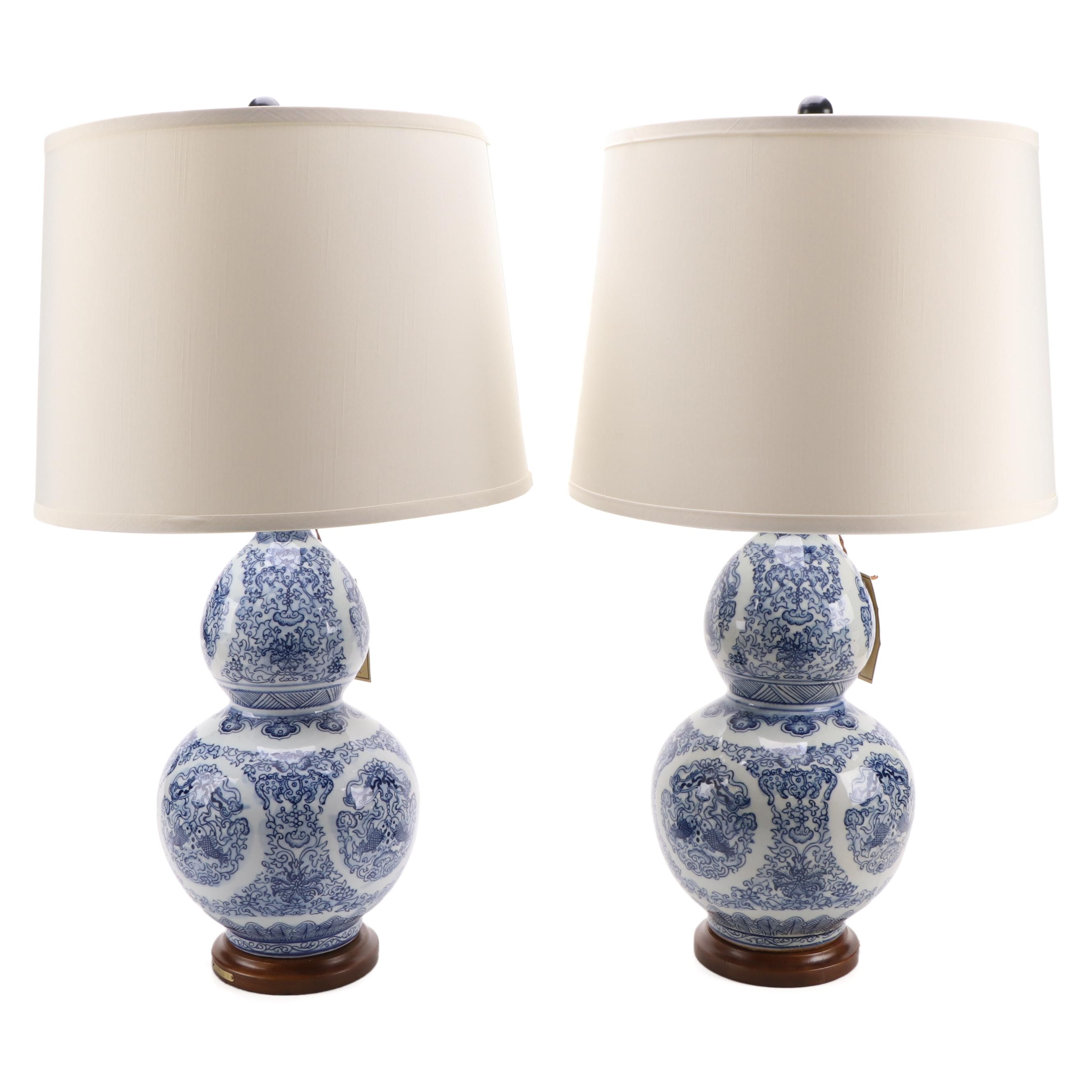 LAUREN Ralph Lauren Blue and White Porcelain Double-Gourd Table Lamps