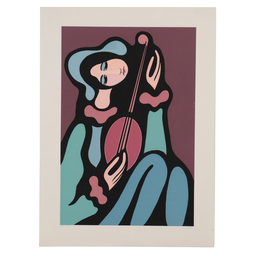 Modernist Style Serigraph of Guitar Player, Late 20th Century