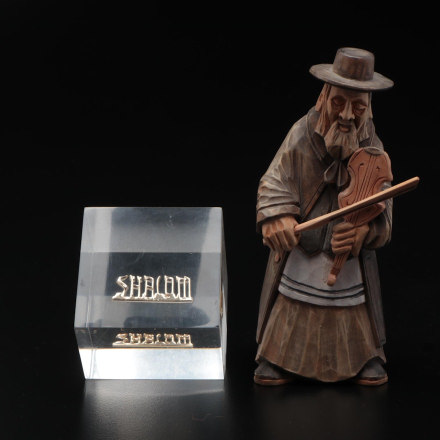 Carved Wooden Jewish Fiddler Figurine and Glass Shalom Paperweight