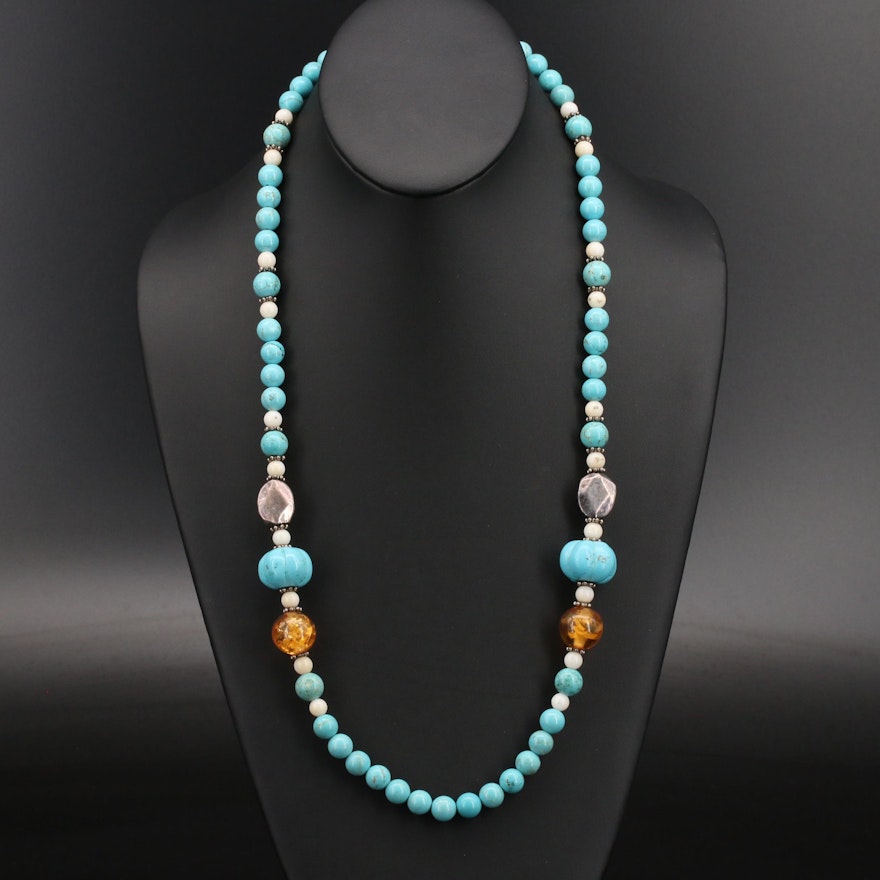 Sterling Magnesite, Coral and Gemstone Beaded Necklace