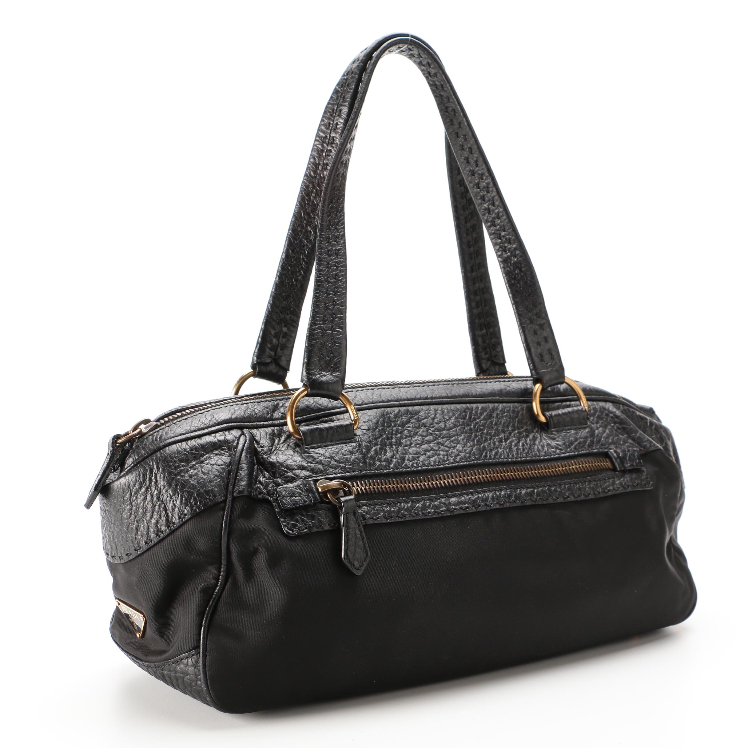 Prada Black Nylon and Grained Leather Shoulder Bag