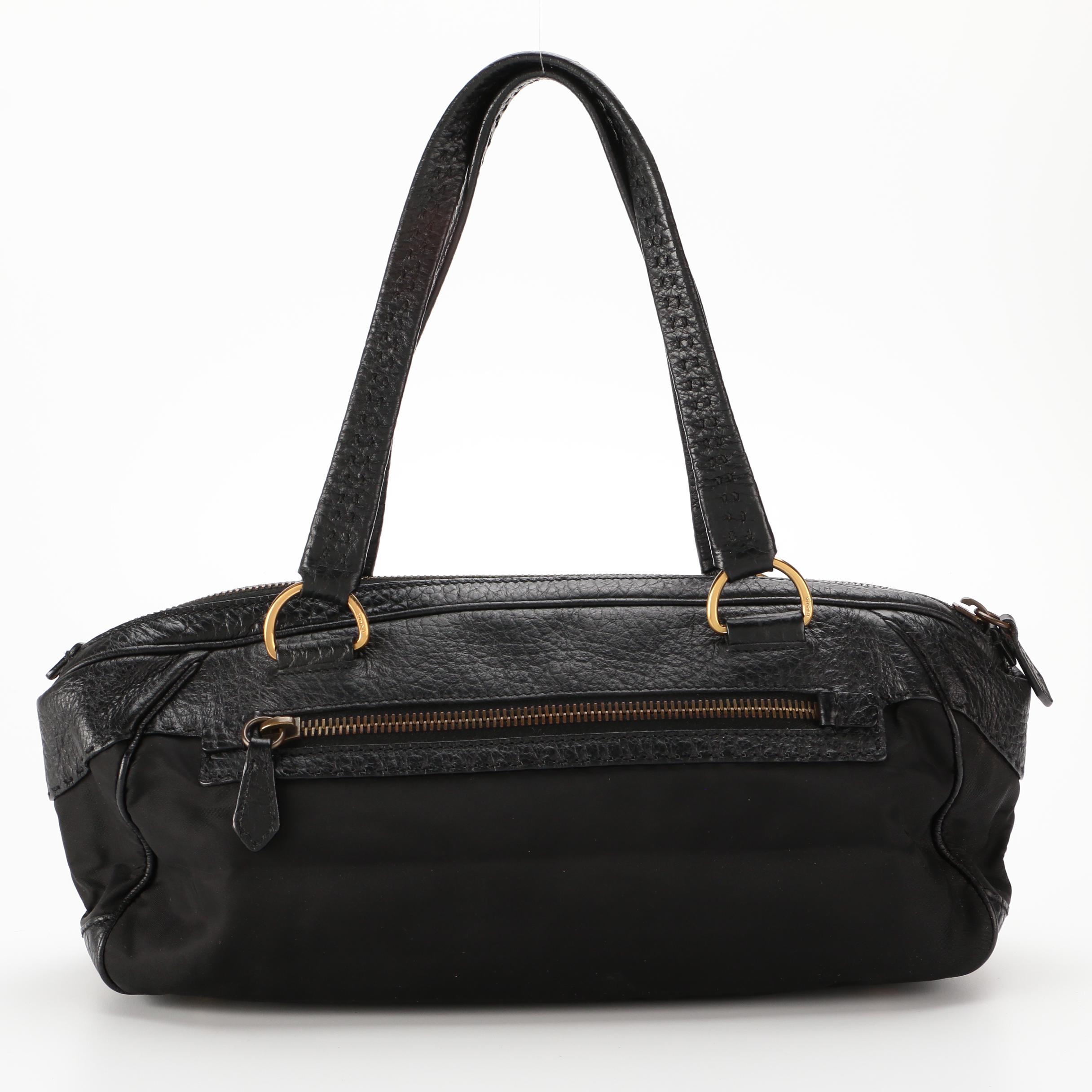 Prada Black Nylon and Grained Leather Shoulder Bag