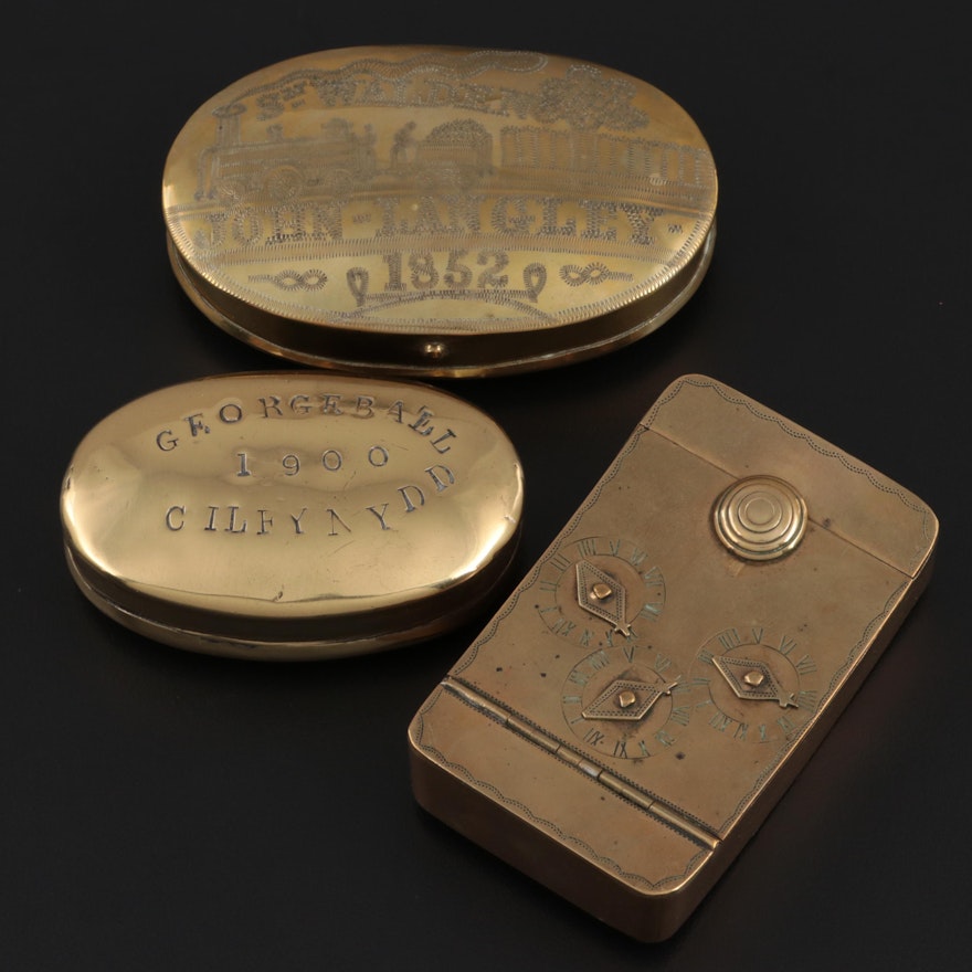 Brass Combination Puzzle Snuff Box with Other Brass Snuff Boxes, Mid-Late 19th C