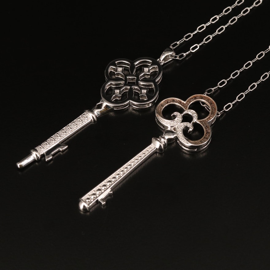 Sterling Diamond Key Pendant Necklaces