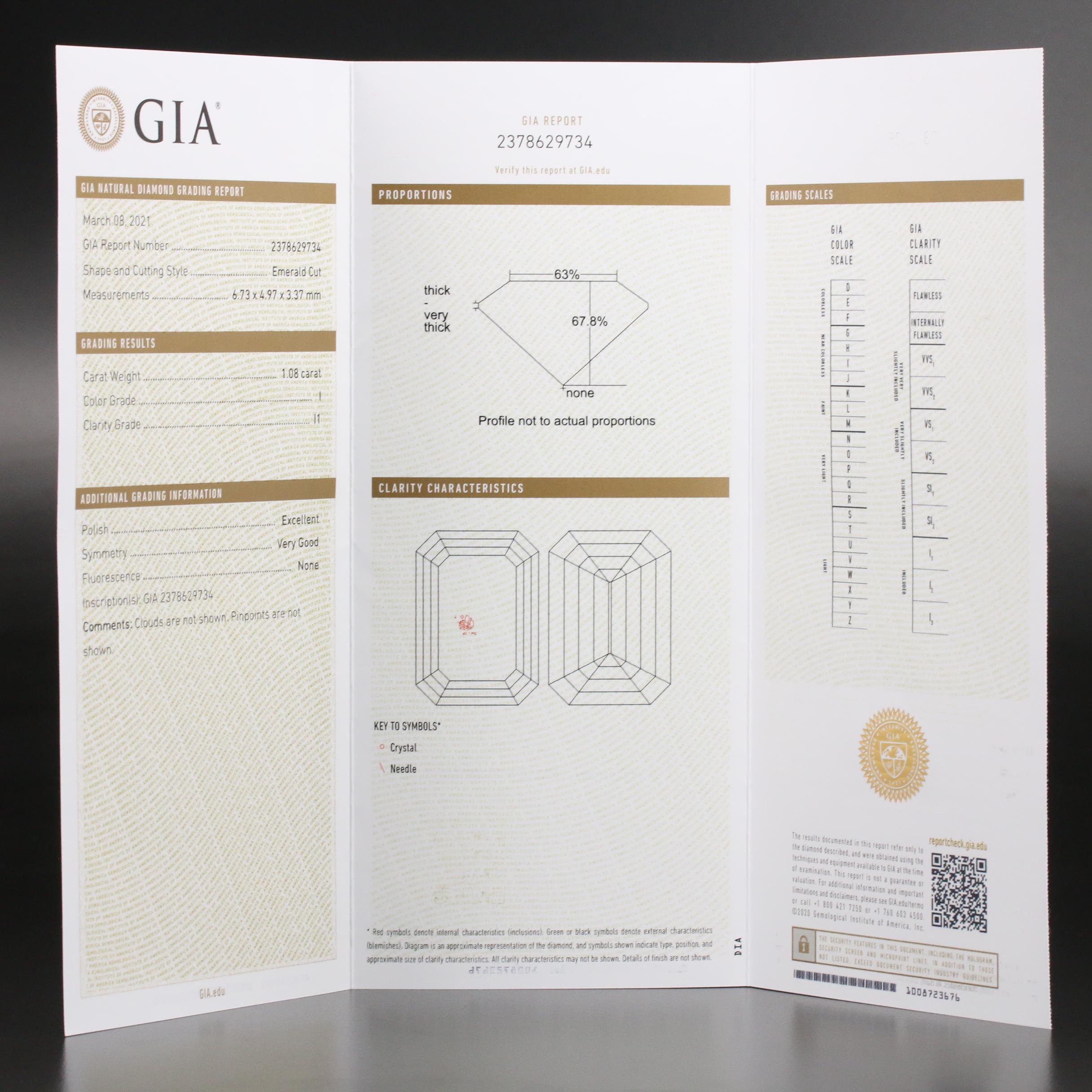Loose 1.08 CT Emerald Cut Diamond with GIA Report