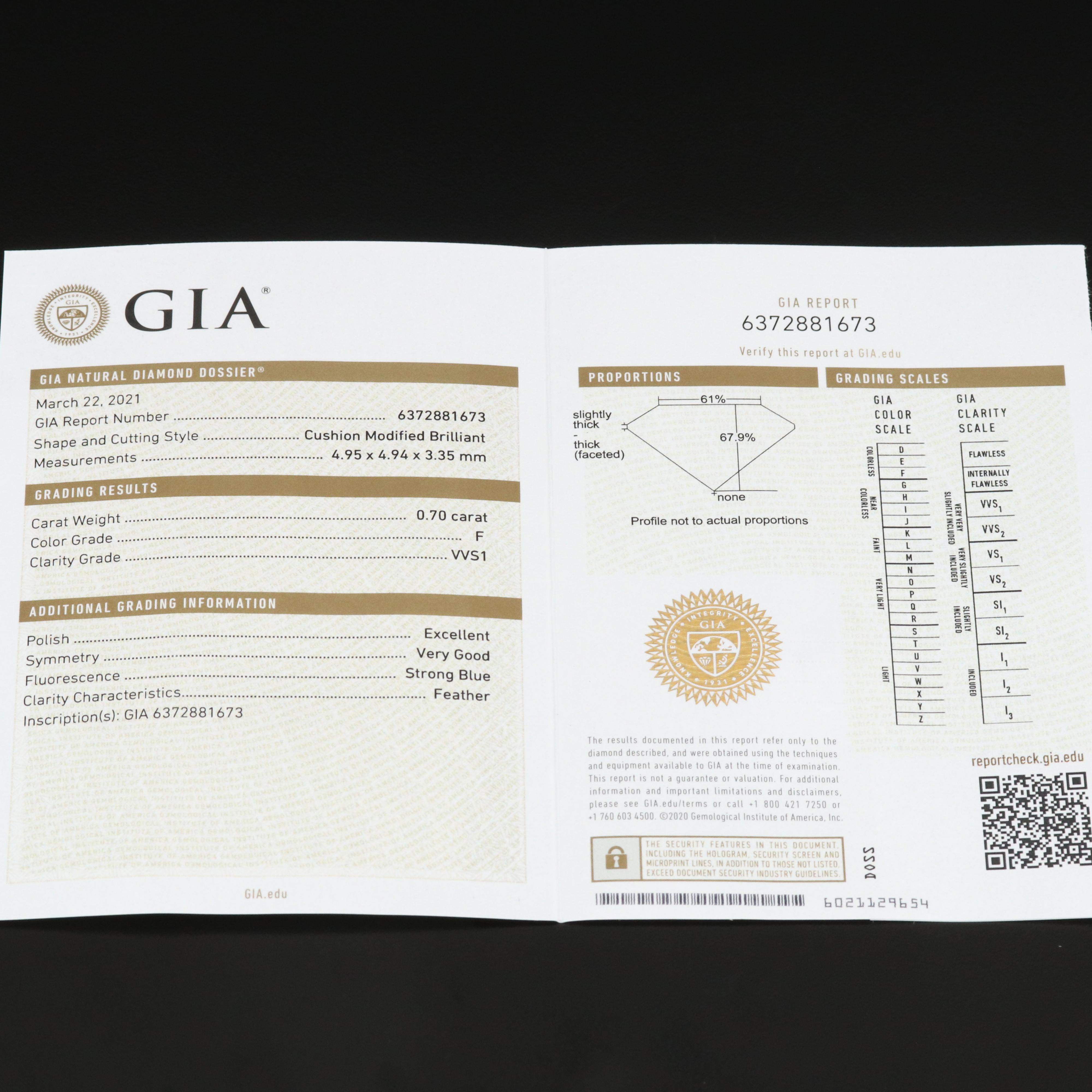 Loose 0.70 CTW Modified Brilliant Diamond with GIA Dossier