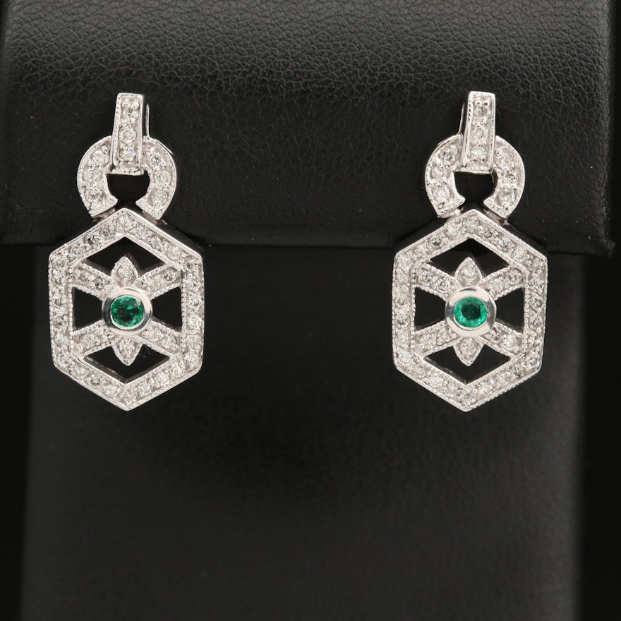 14K WHITE GOLD DIAMOND, NATURAL EMERALD EARRINGS