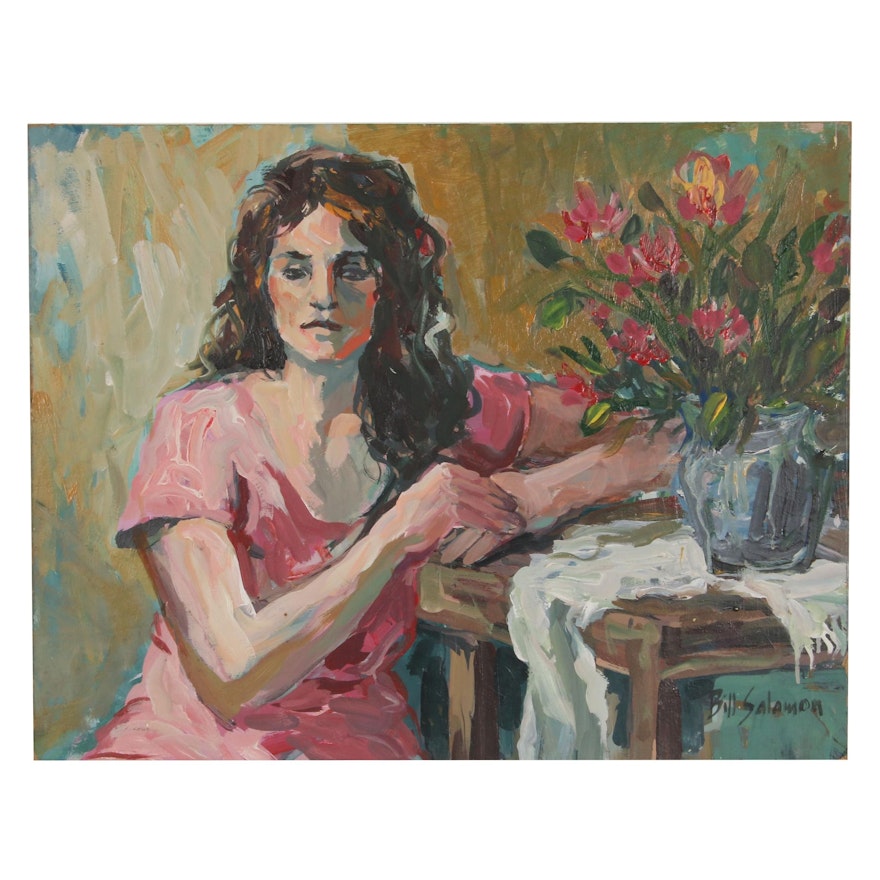 Bill Salamon Acrylic Painting of Figure with Flowers, Late 20th Century