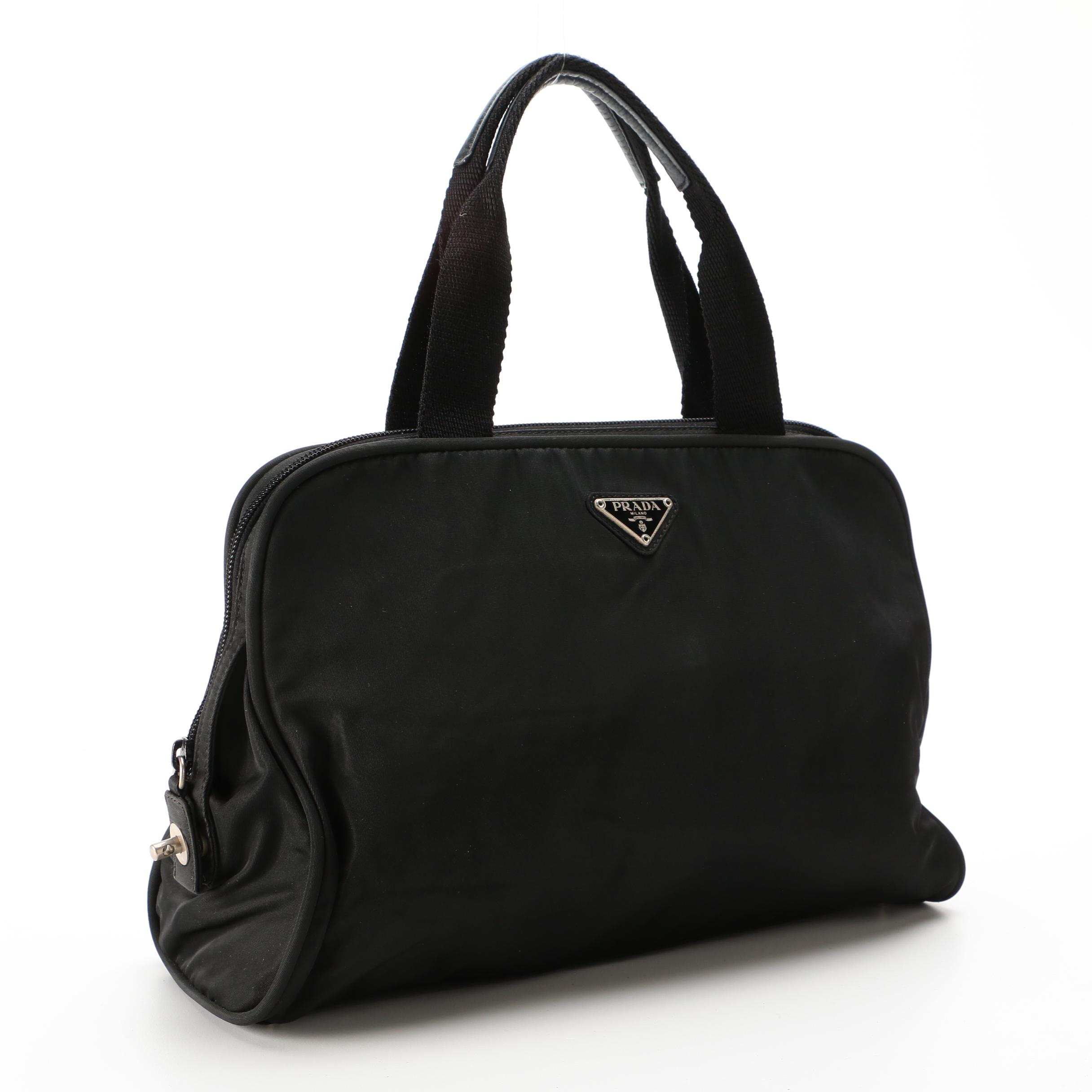 Prada Top Handle Bag in Black Tessuto Nylon with Leather Trim Handles