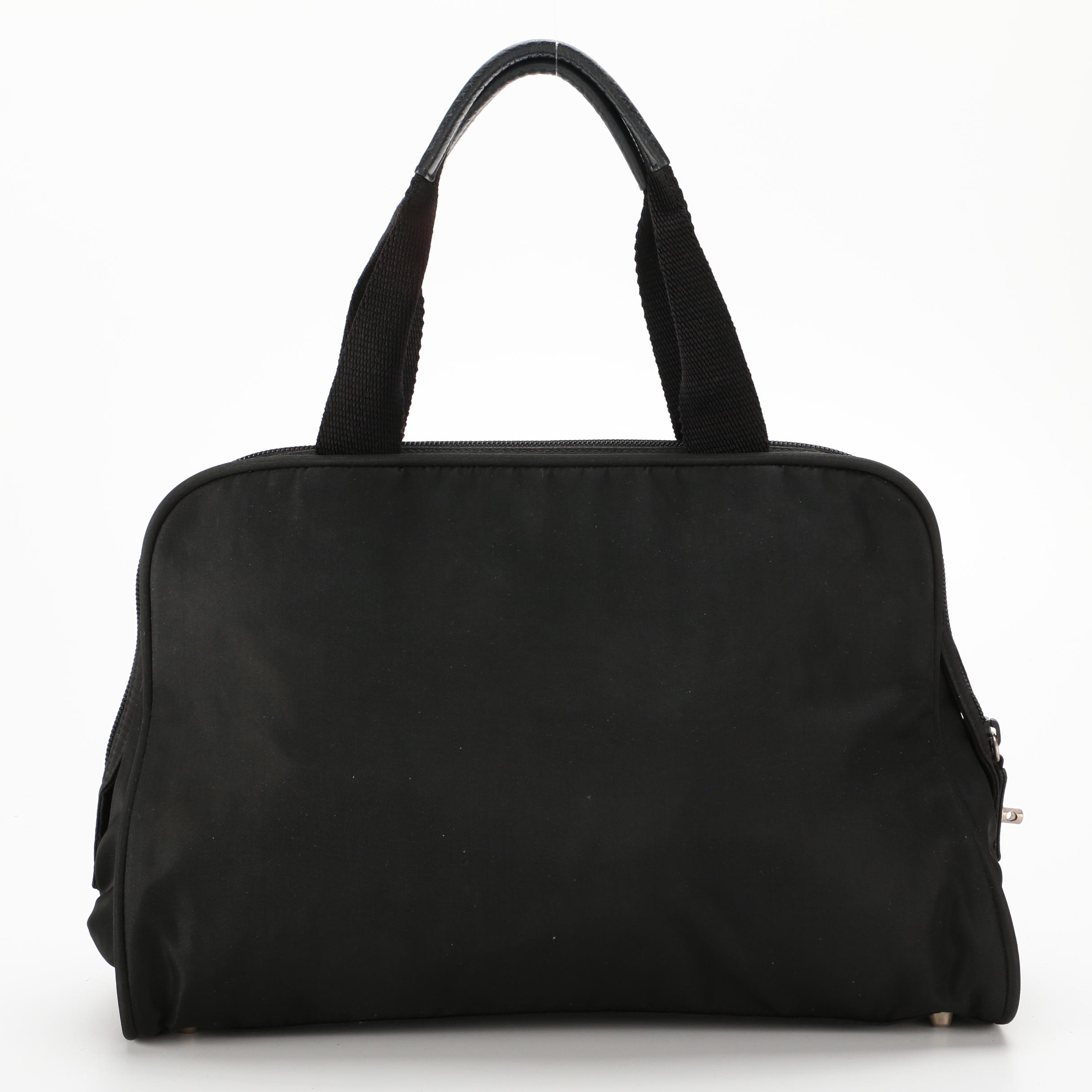 Prada Top Handle Bag in Black Tessuto Nylon with Leather Trim Handles