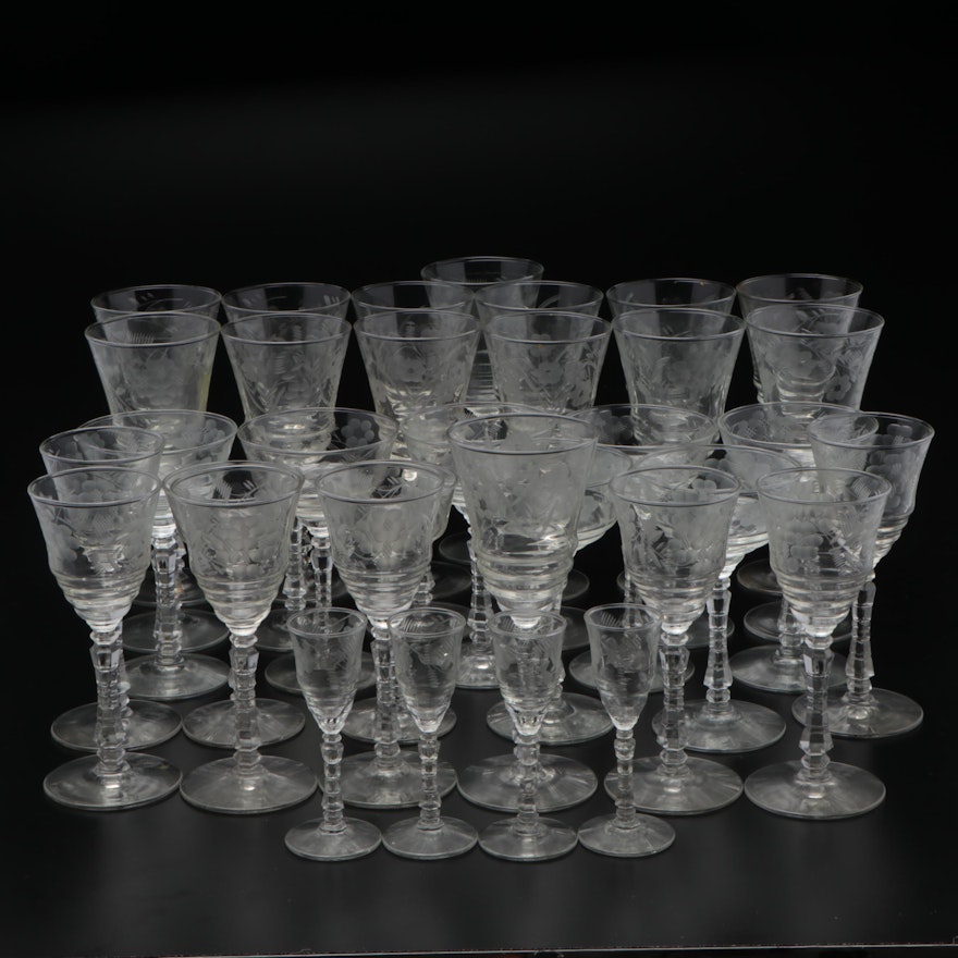 Etched Glass Water, Wine, and Cordial Glasses with Floral Motif, Mid-20th C.