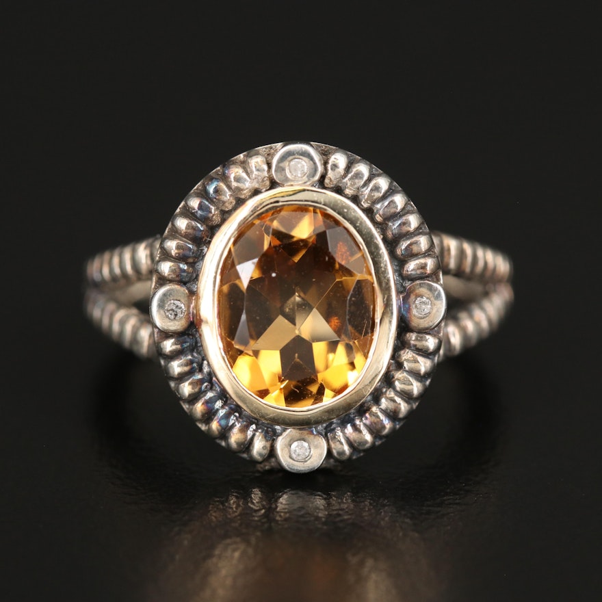 Sterling Citrine and Diamond Ring with 14K Accent