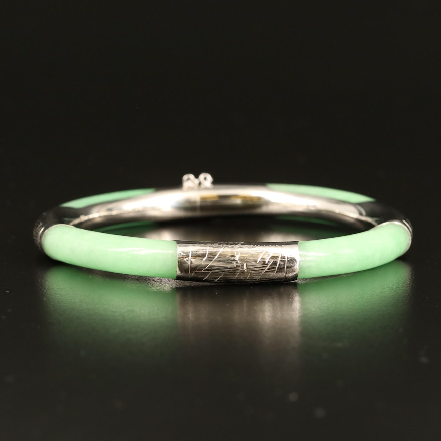 Chinese Etched Sterling Jadeite Bangle