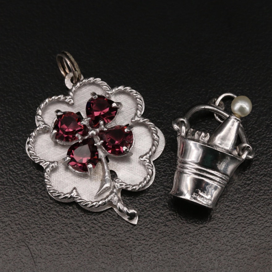 Vintage Sterling Pearl and Glass Clover and Bucket of Champagne Pendants