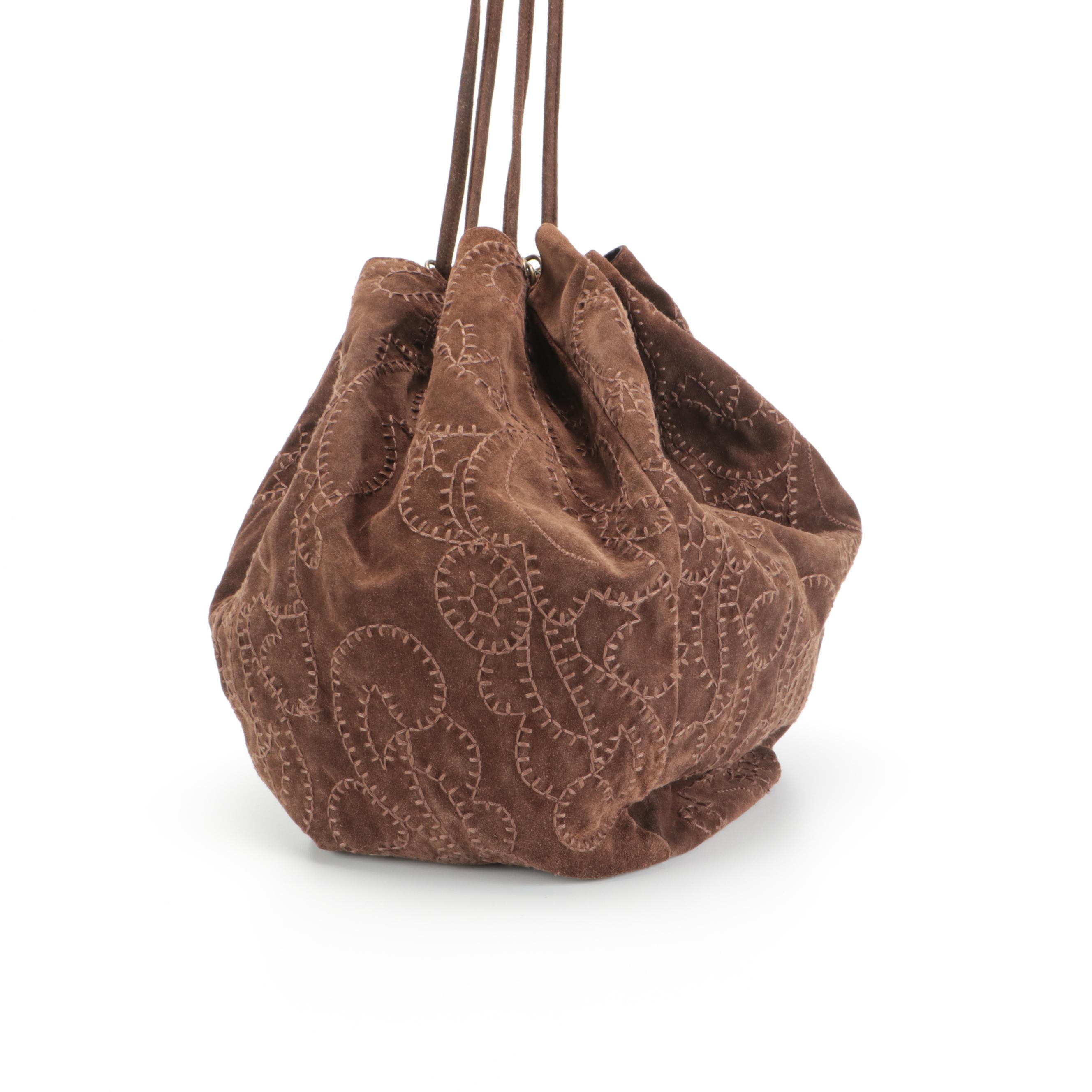 Prada Brown Suede Drawstring Hobo Bag with Stitching Details and Tasseled Strap
