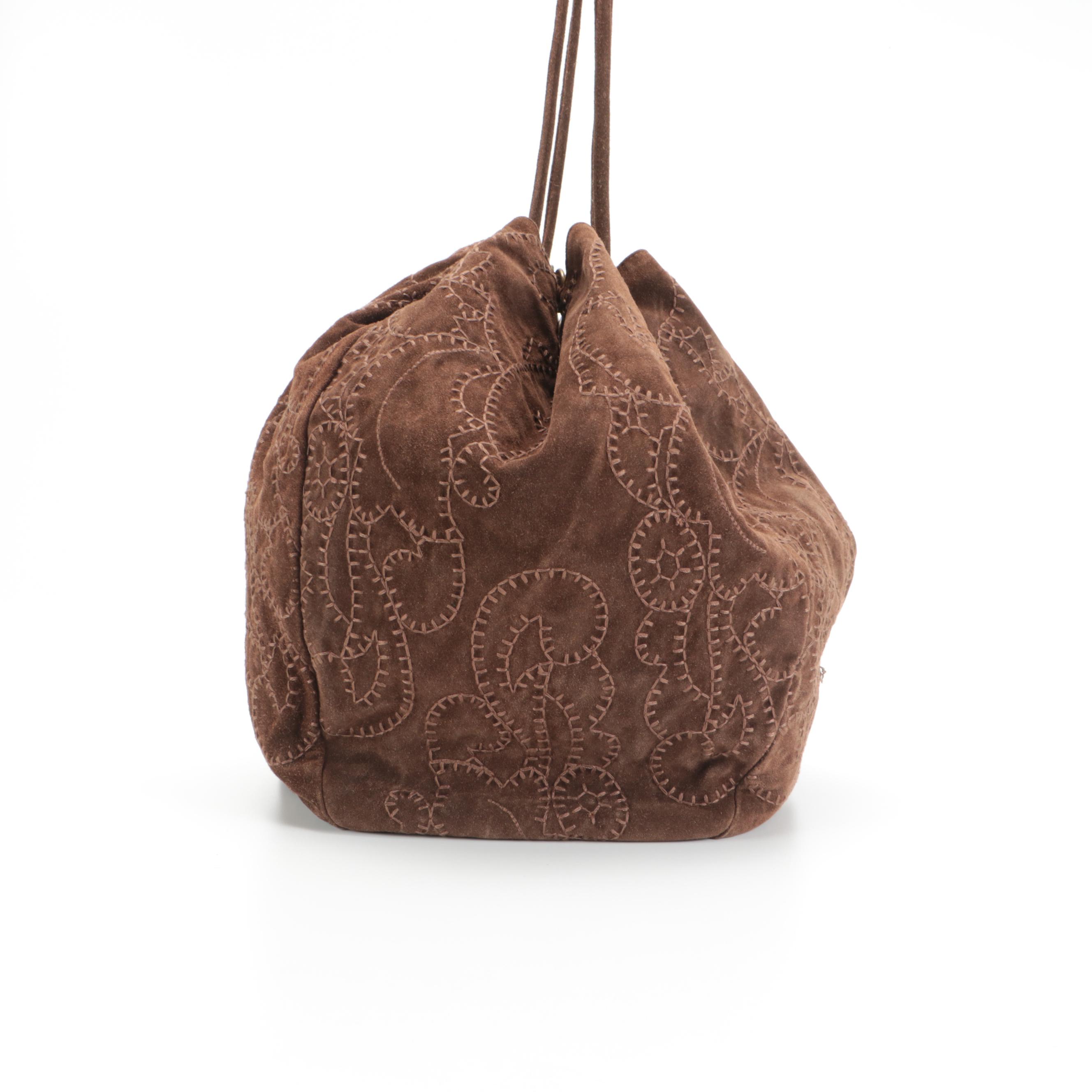 Prada Brown Suede Drawstring Hobo Bag with Stitching Details and Tasseled Strap