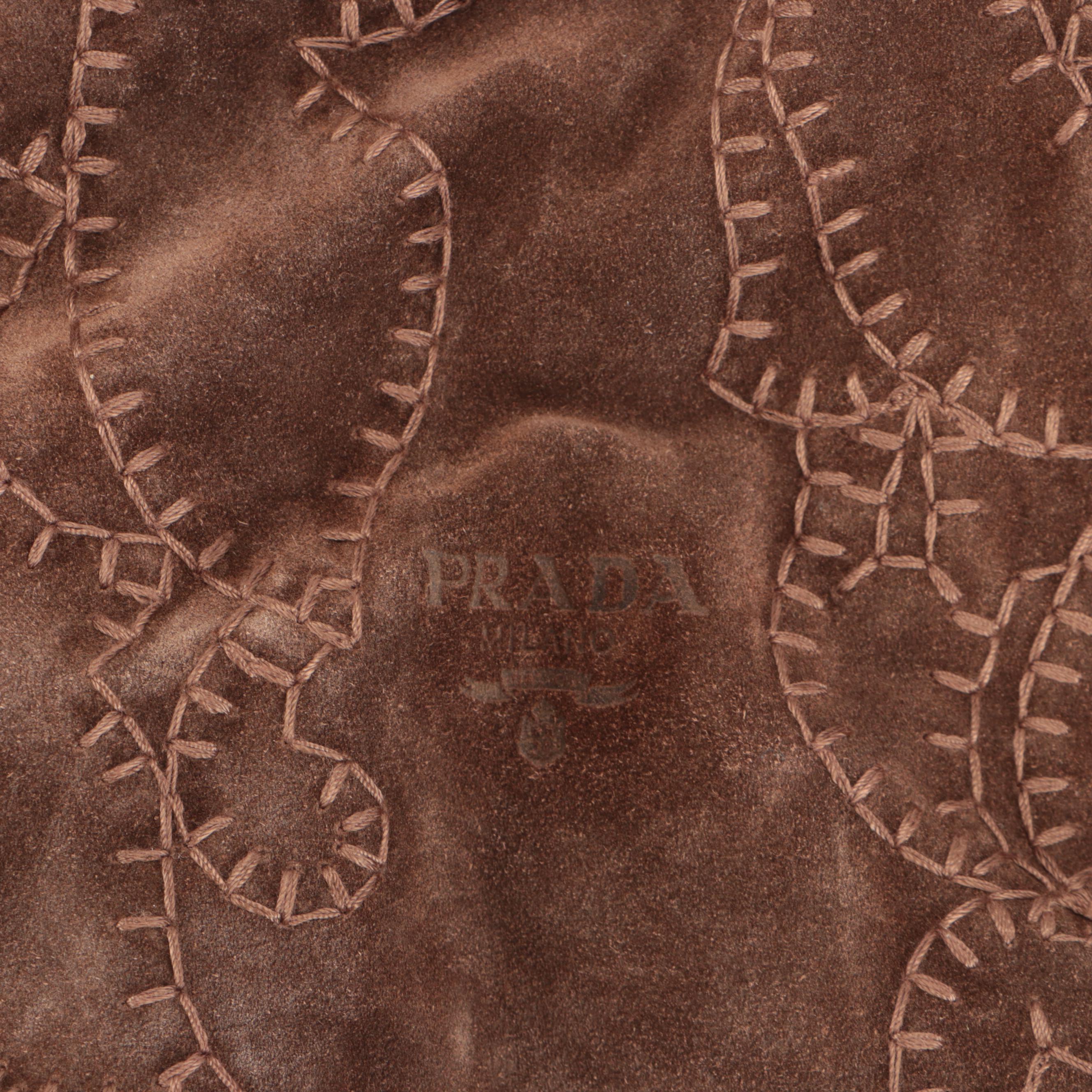 Prada Brown Suede Drawstring Hobo Bag with Stitching Details and Tasseled Strap