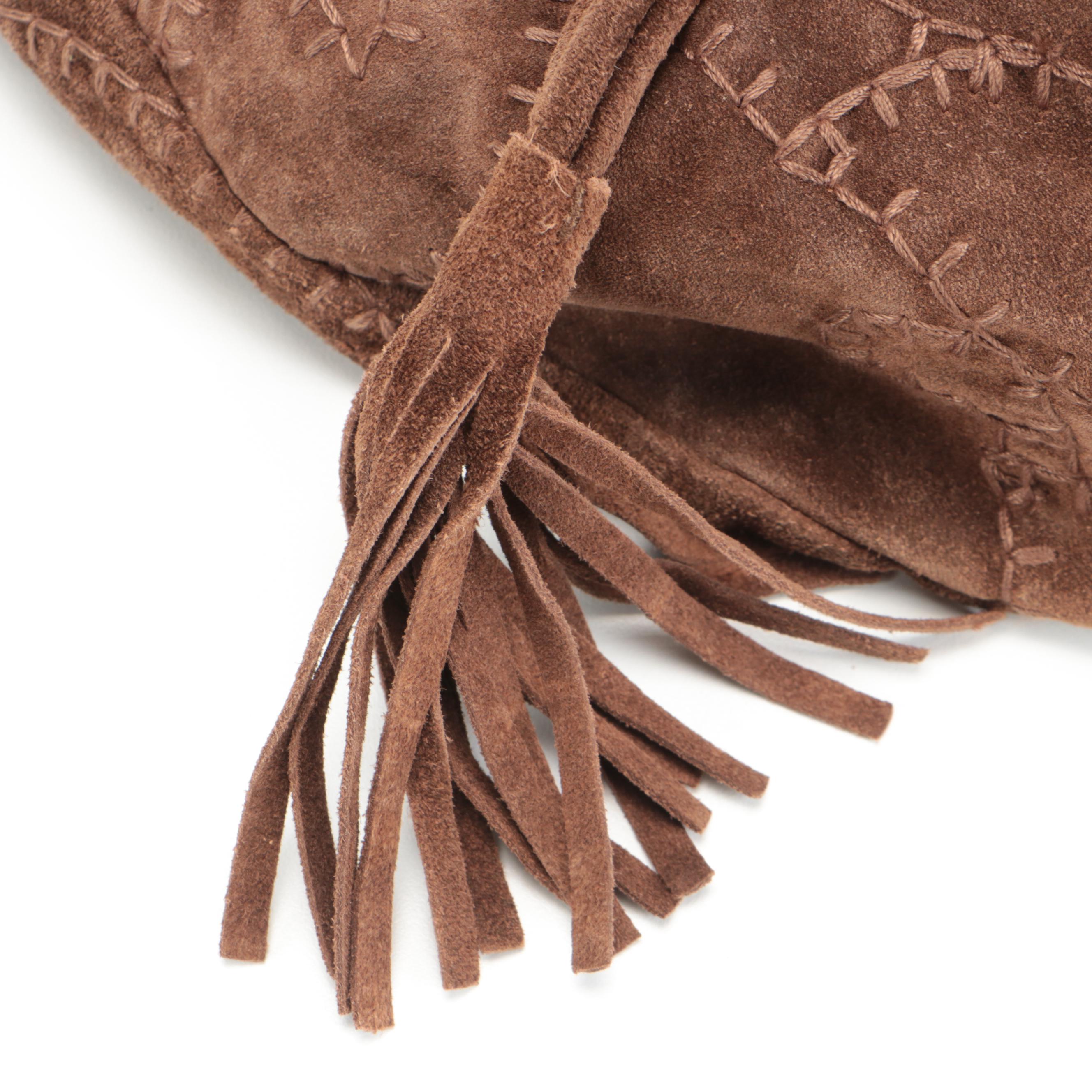 Prada Brown Suede Drawstring Hobo Bag with Stitching Details and Tasseled Strap