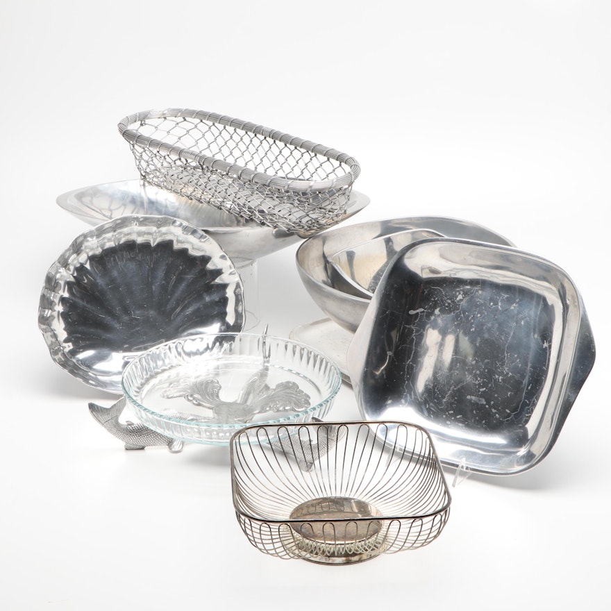 Nambe Aluminum Serving Platters and Silver Plate Baskets