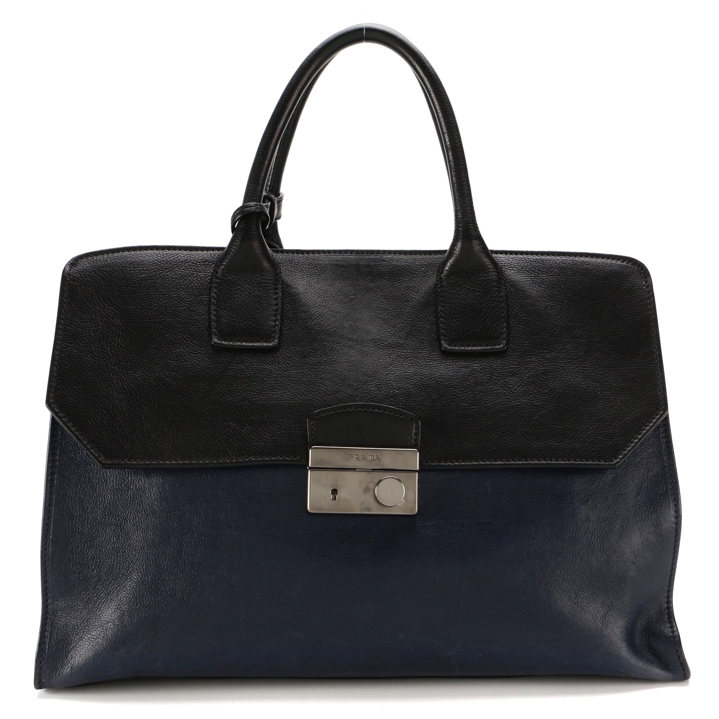 Prada Large Convertible Satchel in Black and Navy Leather