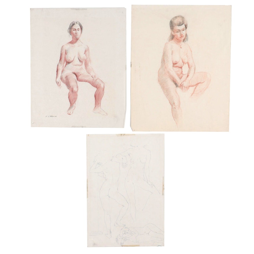 Edmond J. Fitzgerald Conté Crayon and Ink Studies of Female Nudes