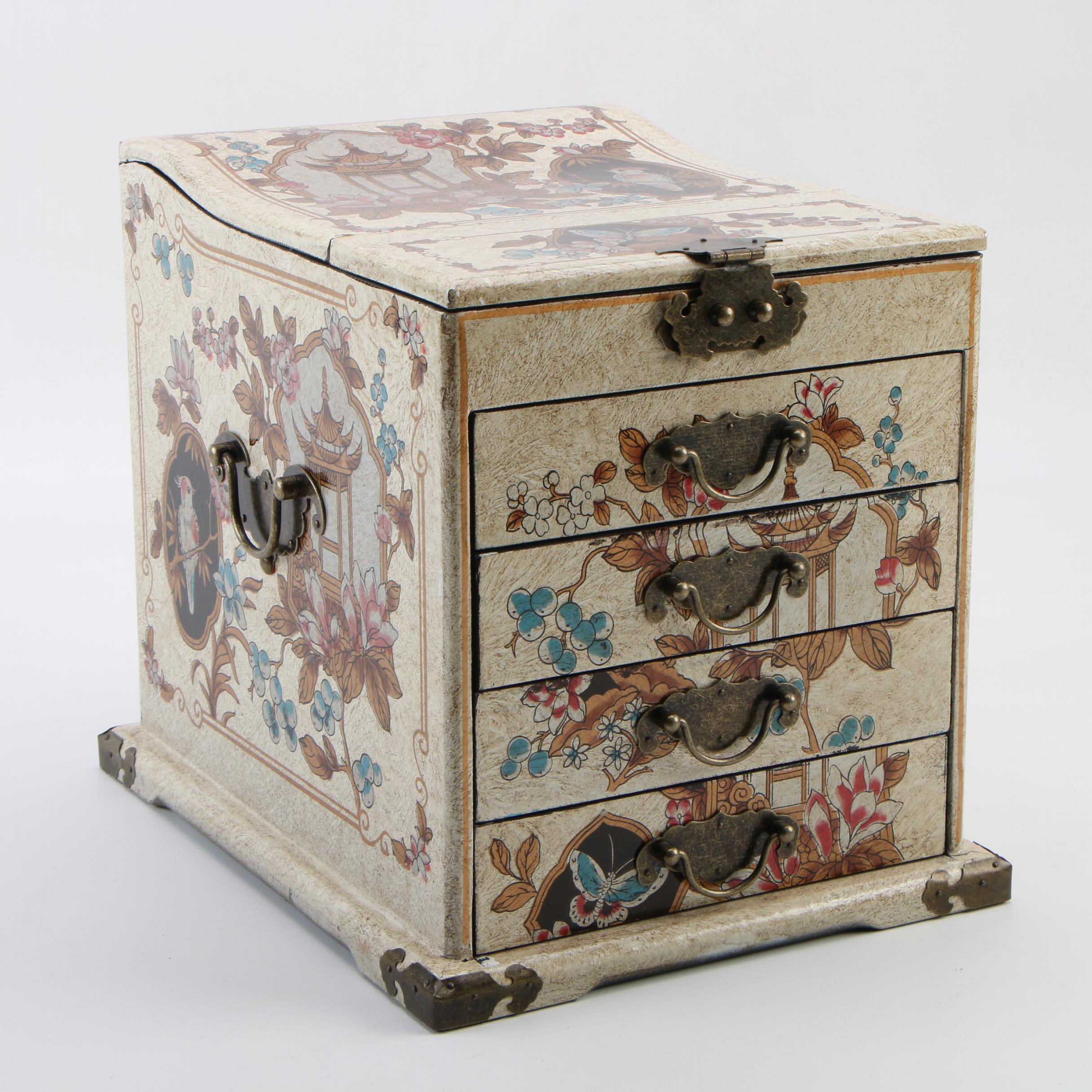 Japanese Metal Mounted Lacquered Tansu Style Jewelry Box with Fold-Out Mirror