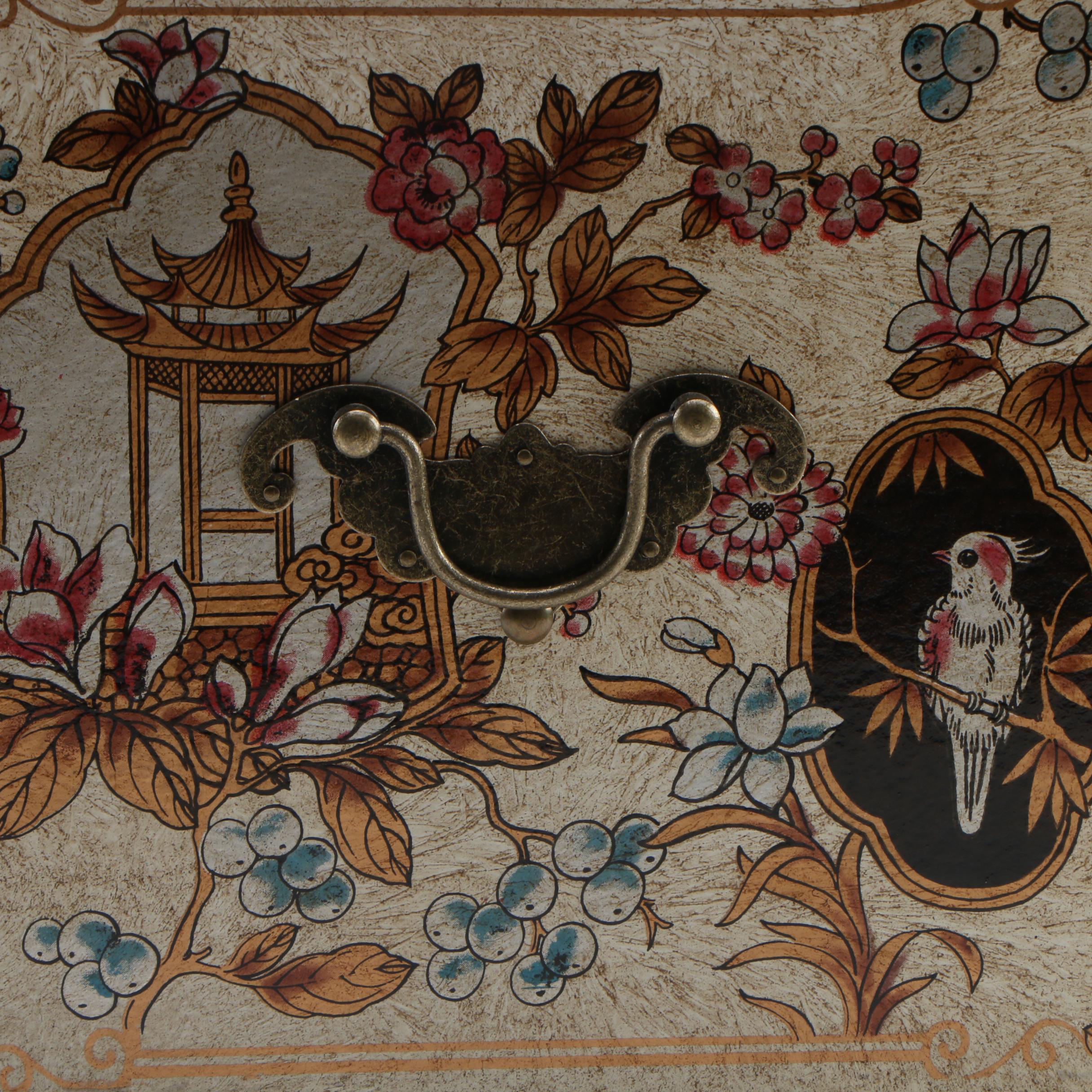 Japanese Metal Mounted Lacquered Tansu Style Jewelry Box with Fold-Out Mirror