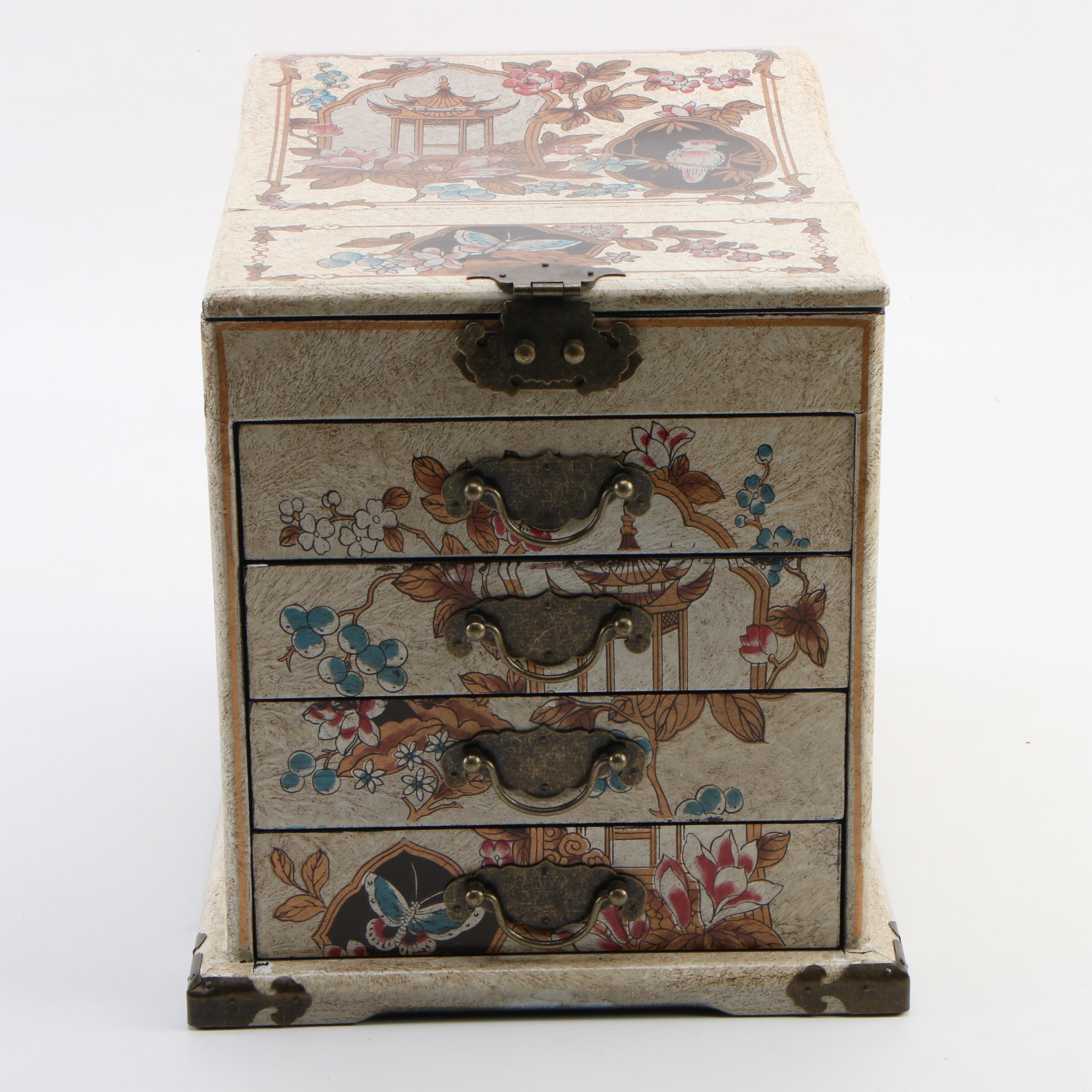 Japanese Metal Mounted Lacquered Tansu Style Jewelry Box with Fold-Out Mirror