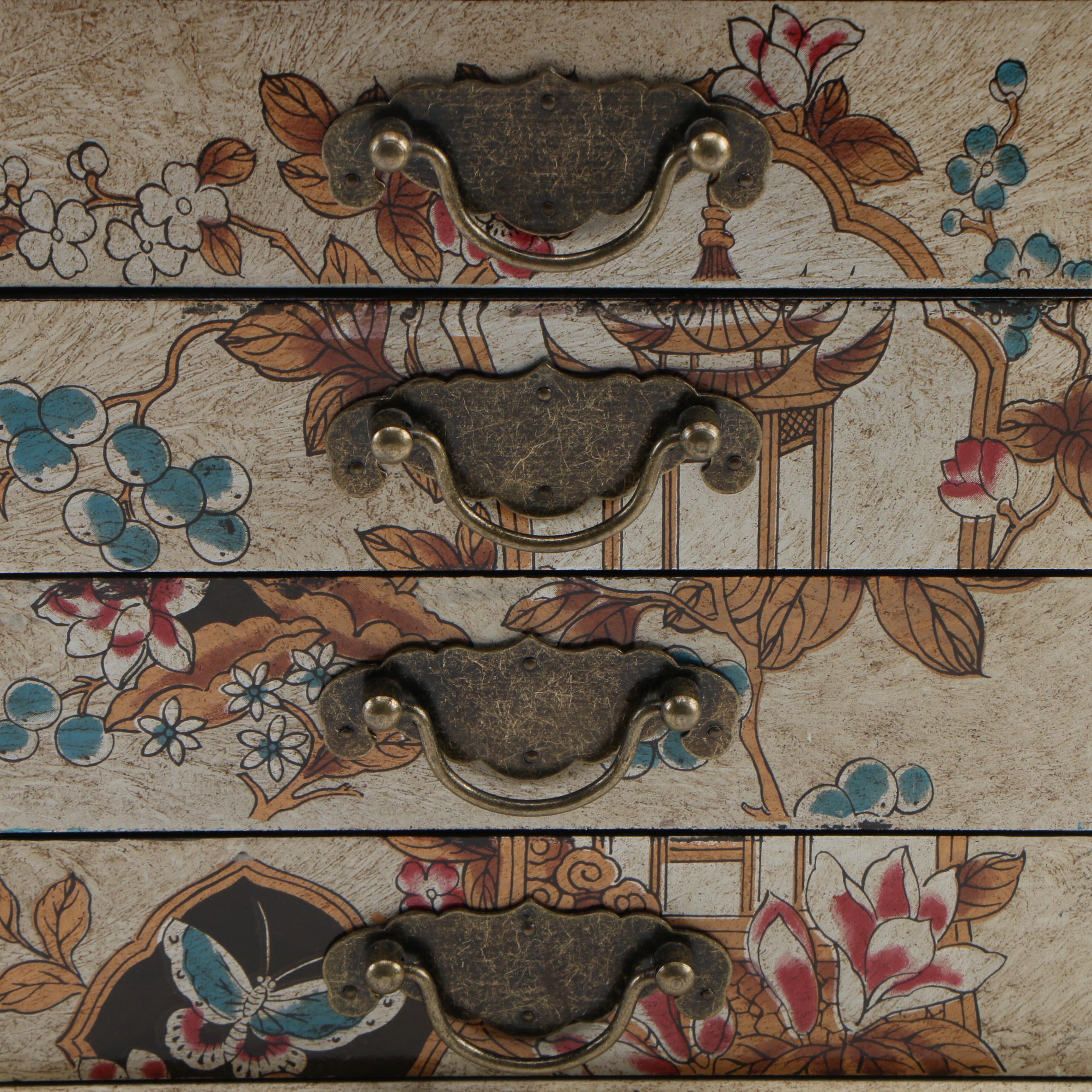 Japanese Metal Mounted Lacquered Tansu Style Jewelry Box with Fold-Out Mirror