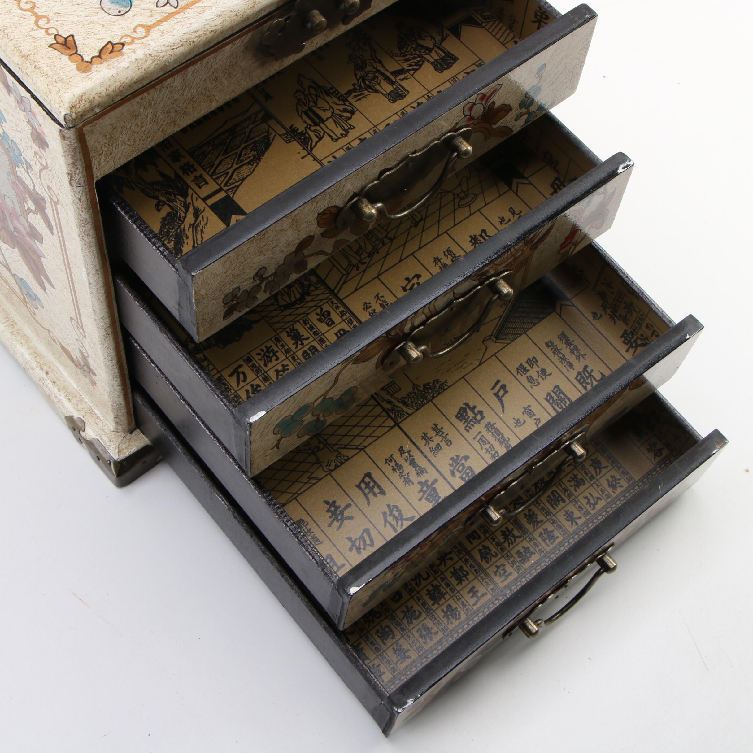 Japanese Metal Mounted Lacquered Tansu Style Jewelry Box with Fold-Out Mirror