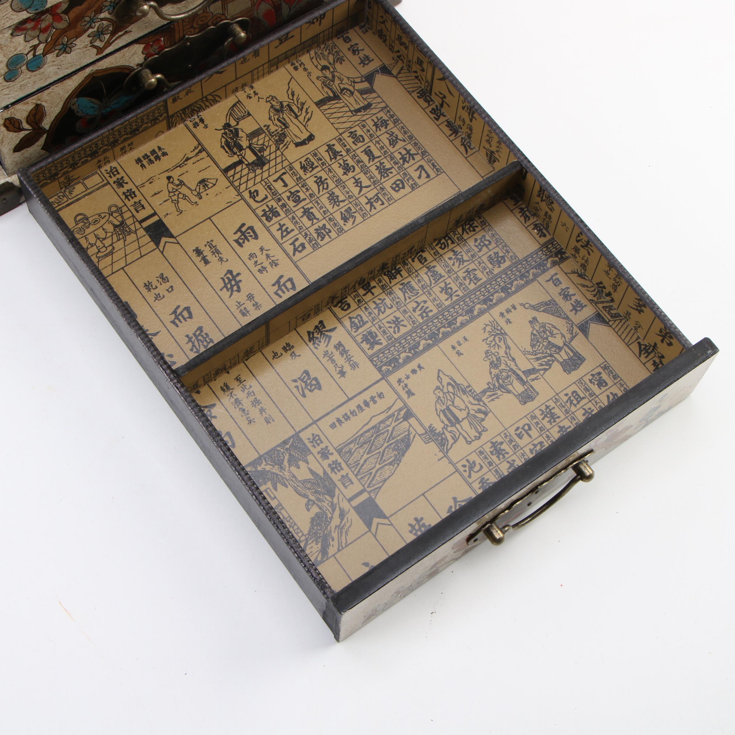 Japanese Metal Mounted Lacquered Tansu Style Jewelry Box with Fold-Out Mirror