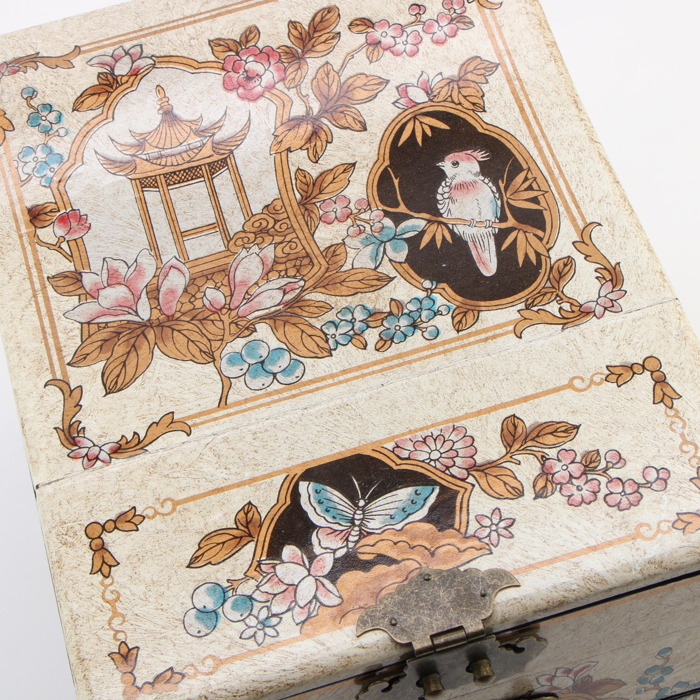 Japanese Metal Mounted Lacquered Tansu Style Jewelry Box with Fold-Out Mirror