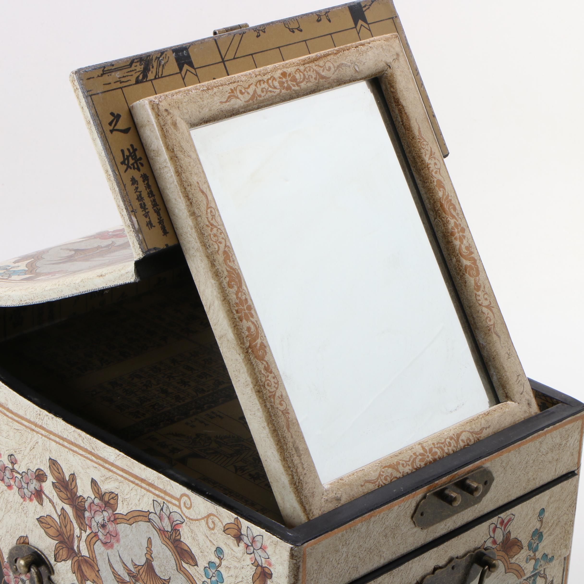 Japanese Metal Mounted Lacquered Tansu Style Jewelry Box with Fold-Out Mirror
