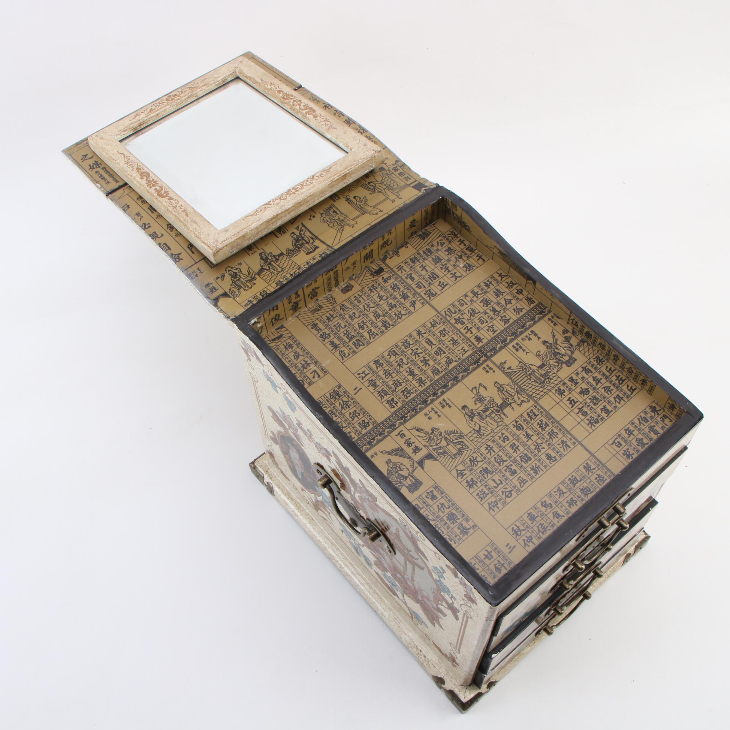 Japanese Metal Mounted Lacquered Tansu Style Jewelry Box with Fold-Out Mirror