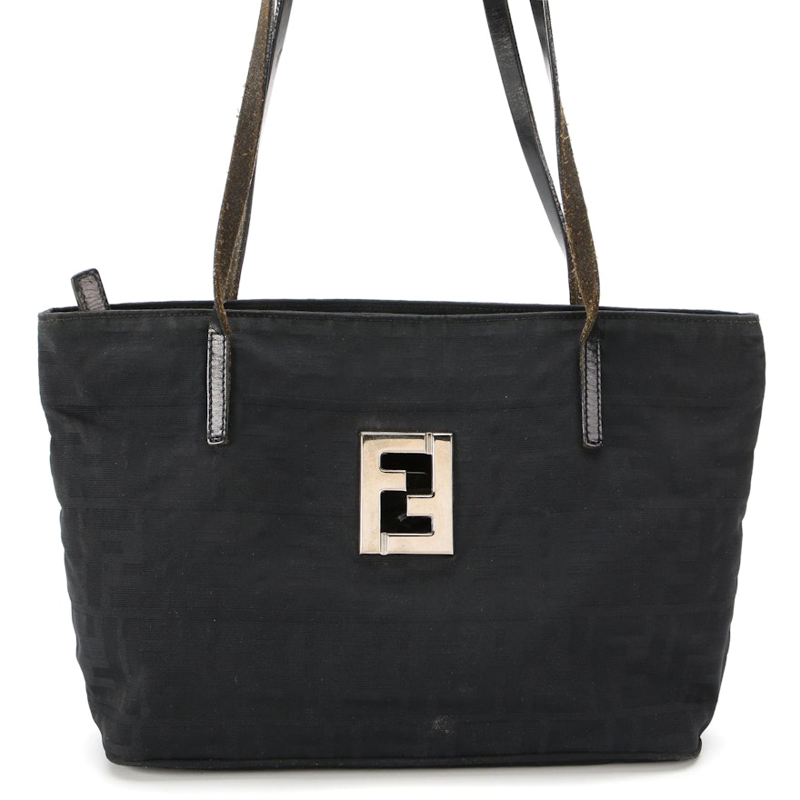 Fendi Zucca Nylon Shoulder Tote in Black with Leather Trim