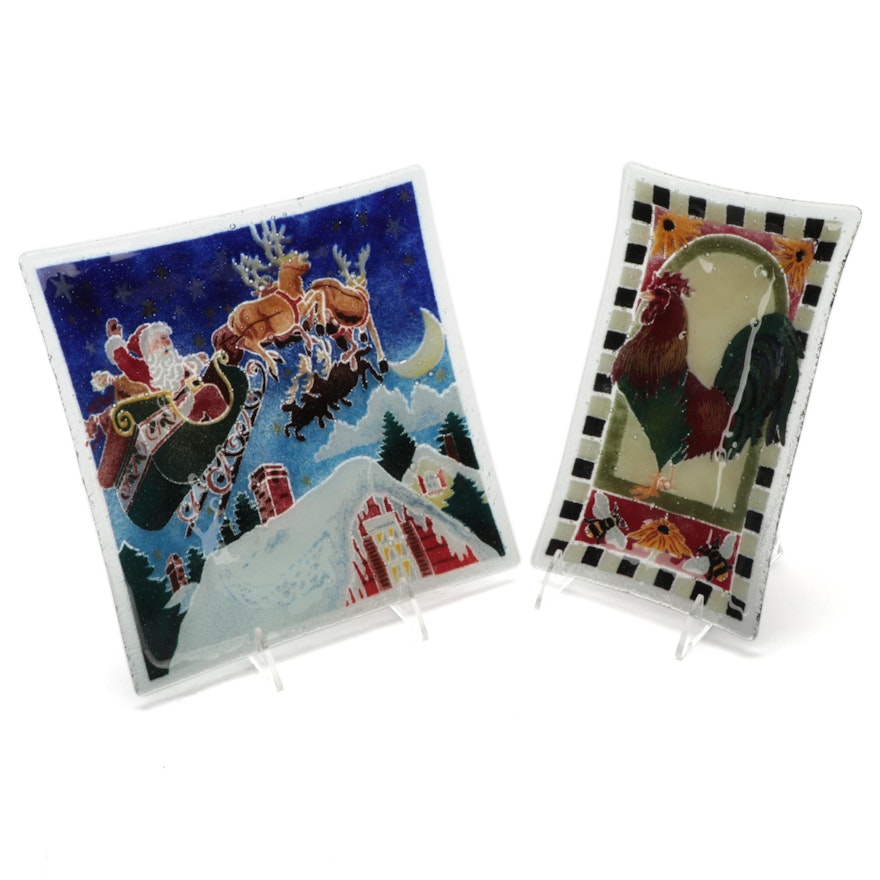 Santa Claus and Rooster Motif Pebbled Art Glass Plates