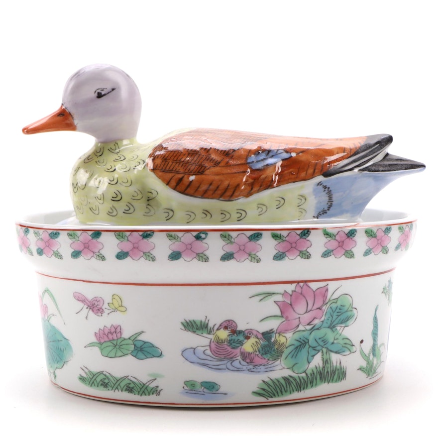 Chinese Famille Rose Style Hand-Painted Ceramic Duck Tureen