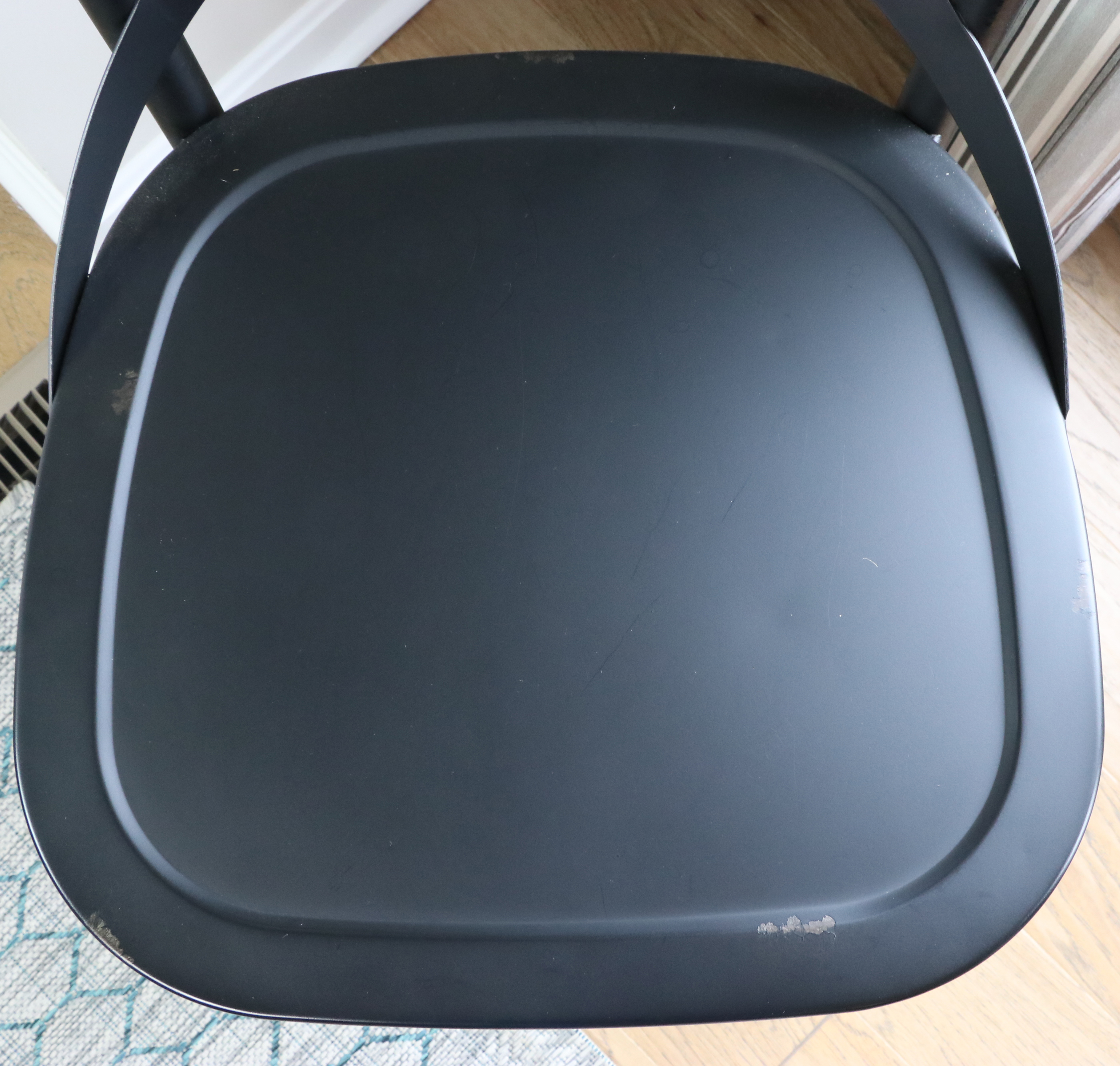 E. & E. Company Wooden Trestle Dining Table and Metal Side Chairs