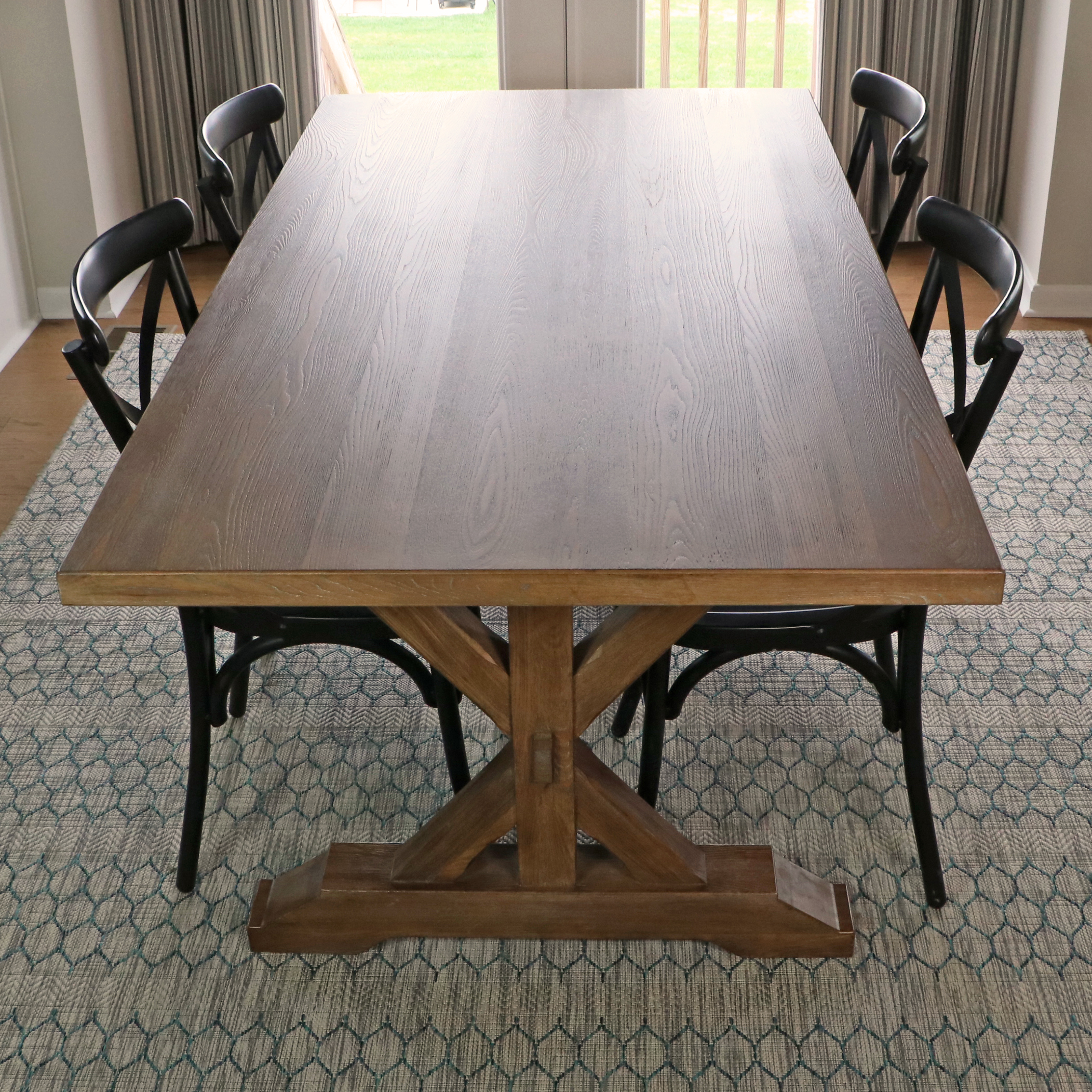 E. & E. Company Wooden Trestle Dining Table and Metal Side Chairs