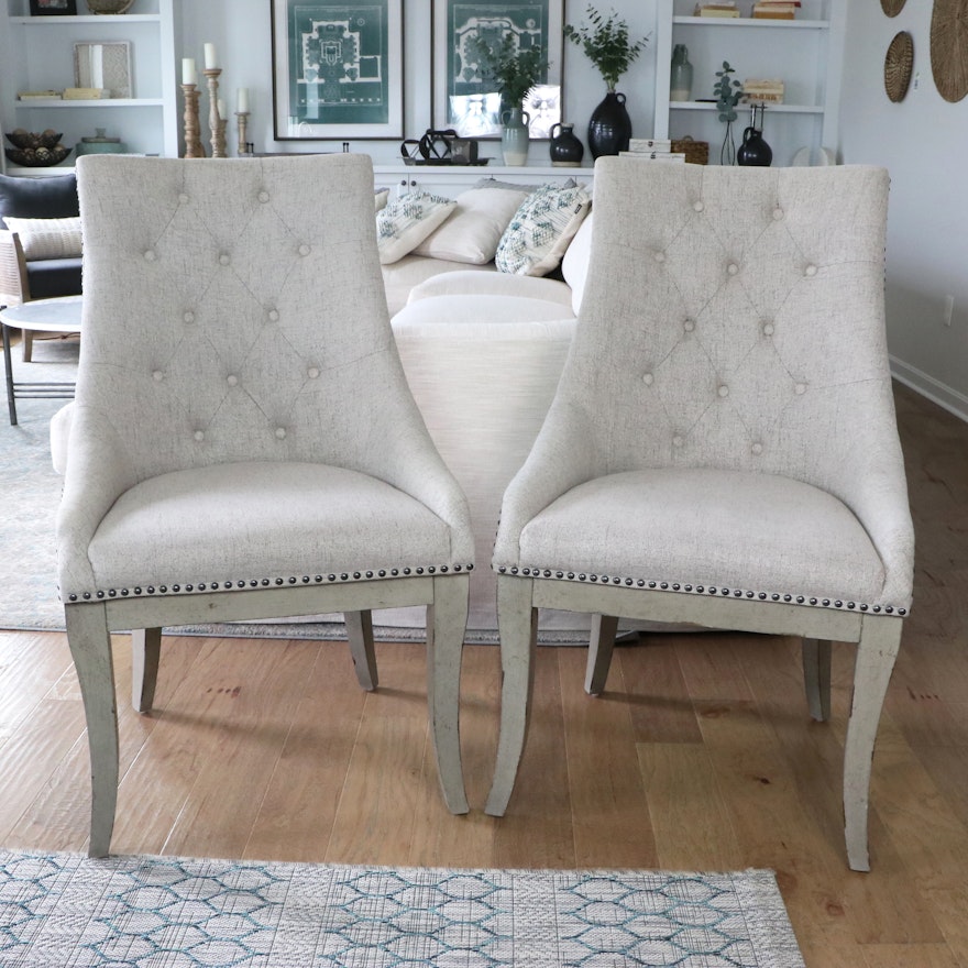 Pair of Button Tufted and Nail Tack Upholstered Side Chairs