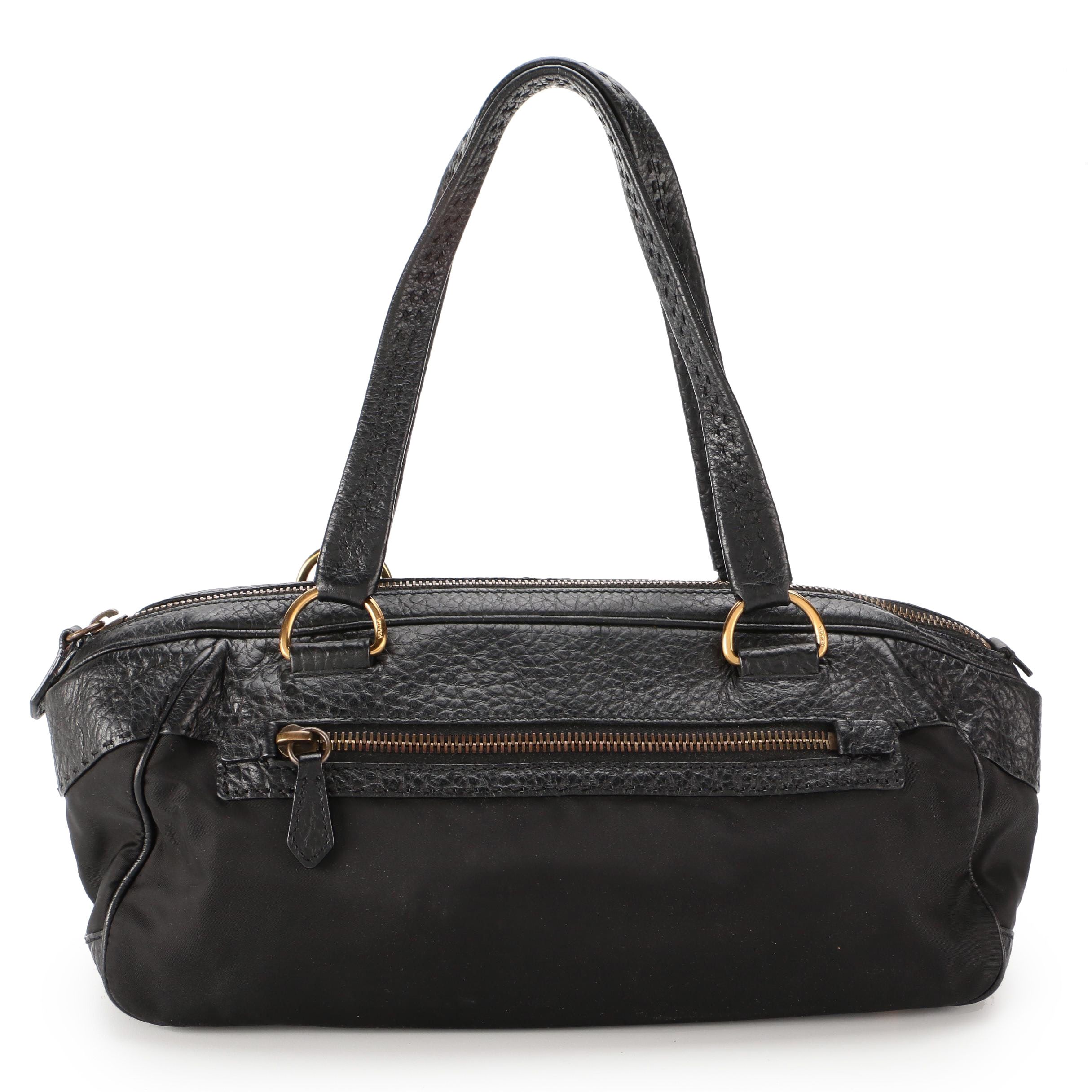 Prada Black Nylon and Grained Leather Shoulder Bag
