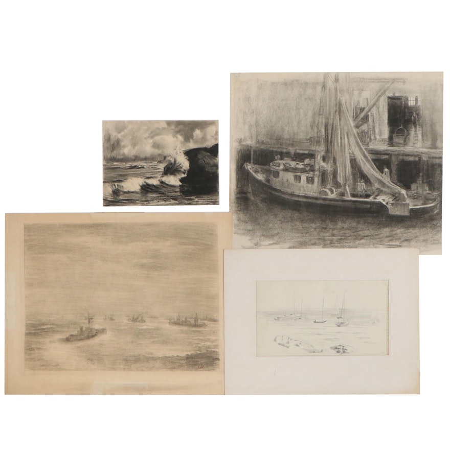 Edmond J. Fitzgerald Marine Charcoal and Graphite Drawings, Mid-20th Century