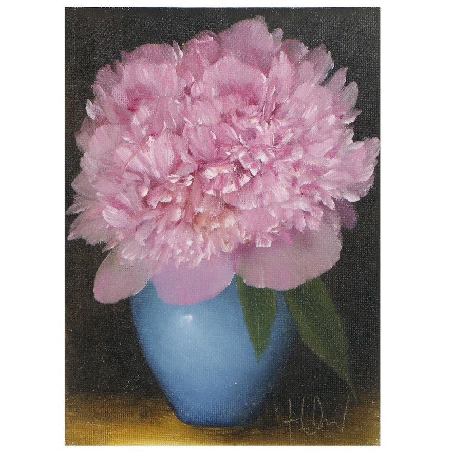 Thu-Thuy Tran Still Life Oil Painting "Pink Peony & Blue Vase," 2021