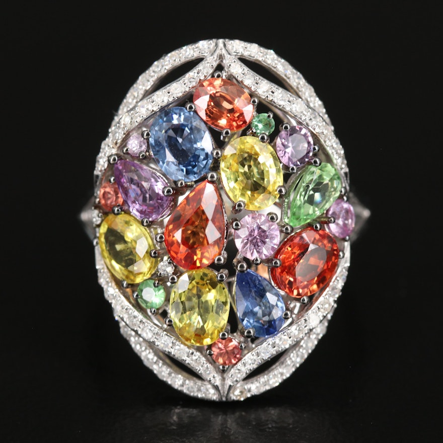 14K WHITE GOLD DIAMOND, NATURAL CEYLON SAPPHIRE, ORANGE SAPPHIRE, PINK SAPPHIRE, PURPLE SAPPHIRE, TSAVORITE, YELLOW SAPPHIRE RING