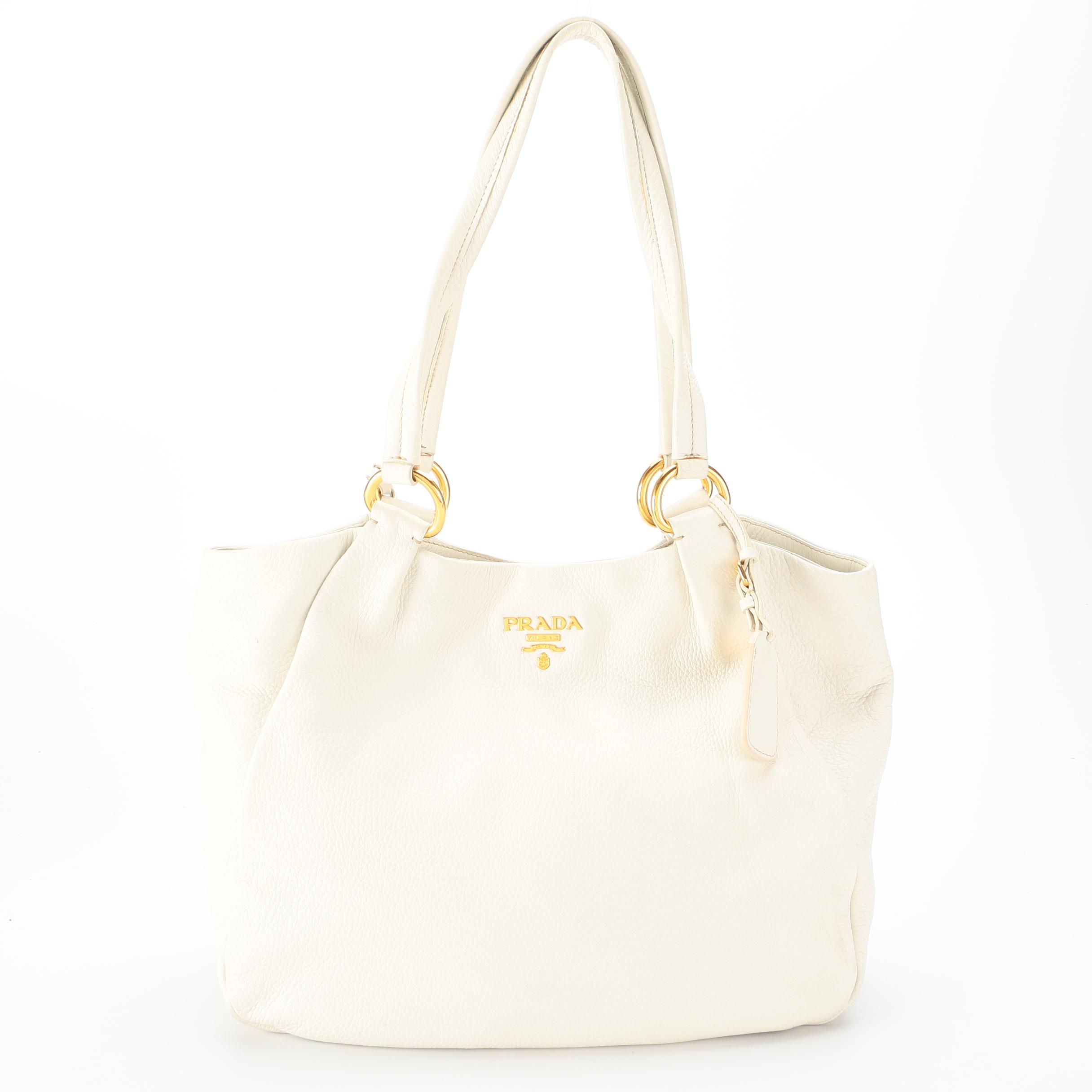 Prada Shoulder Bag in White Pebbled Deerskin Leather