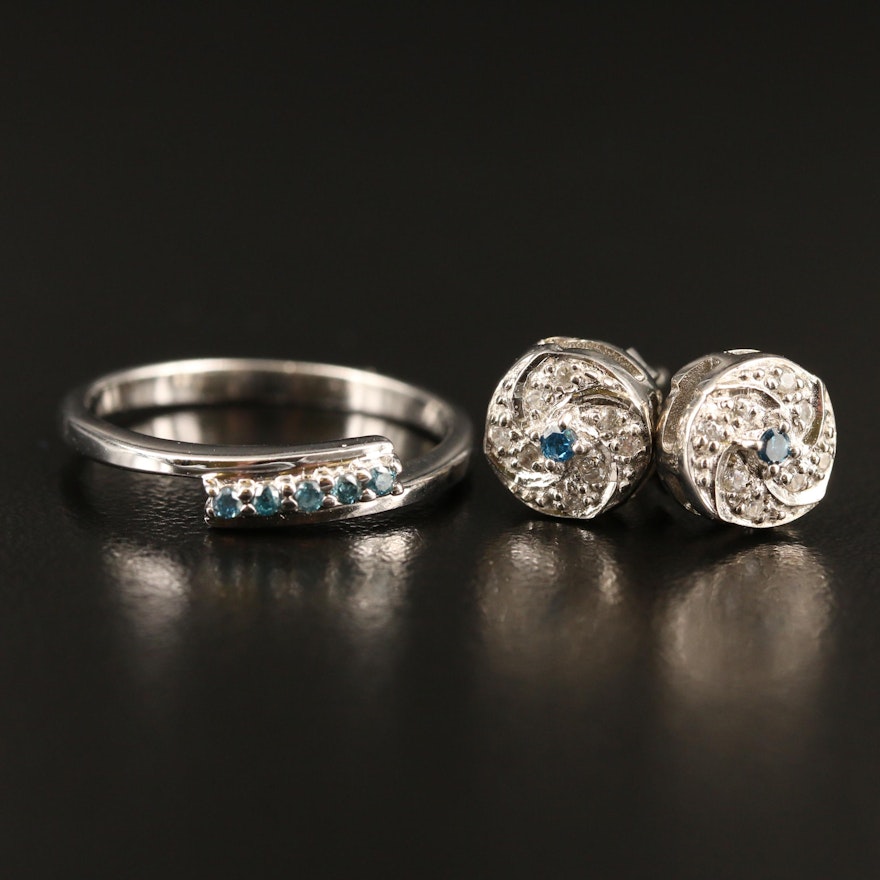 Sterling Silver Diamond and Zircon Earrings and Ring