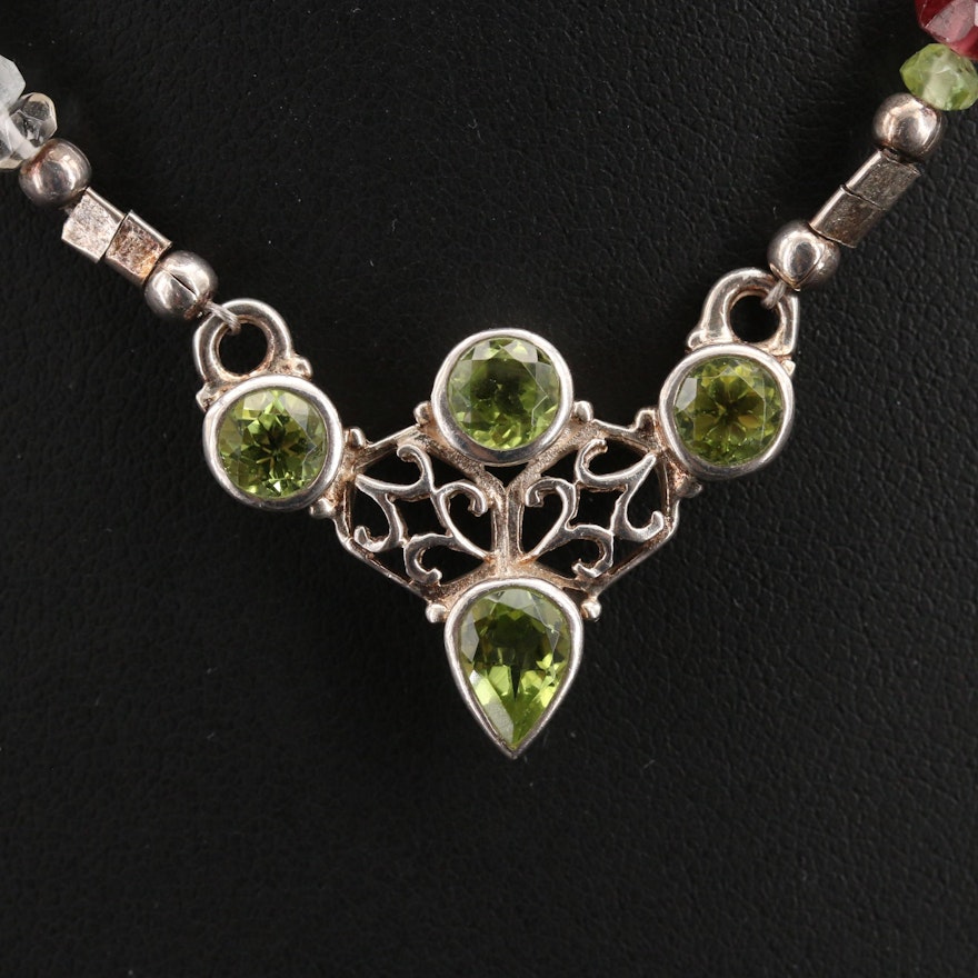 Sterling Peridot and Gemstone Beaded Necklace with Openwork Design