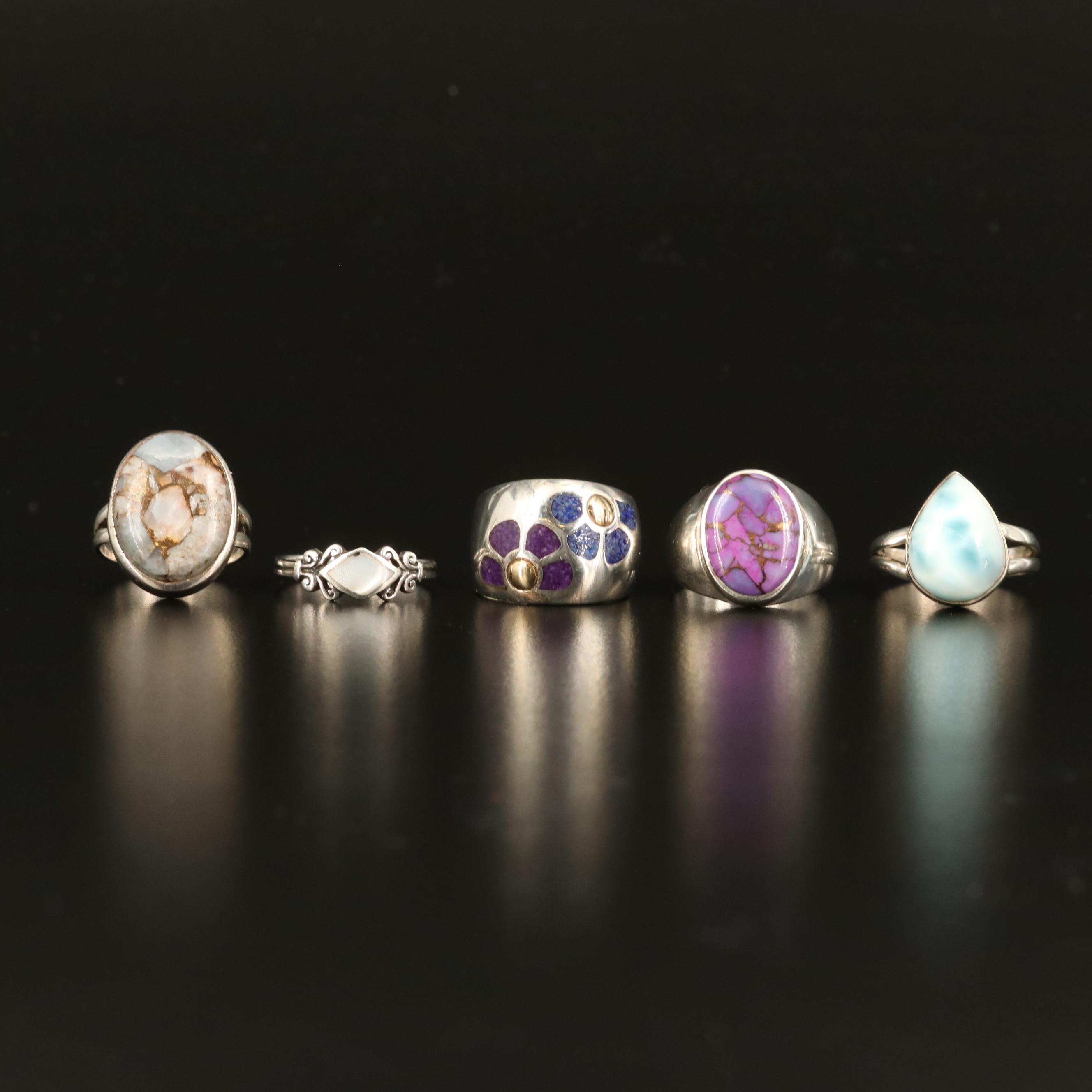 Sterling Rings with Larimar, Turquoise and Mother of Pearl