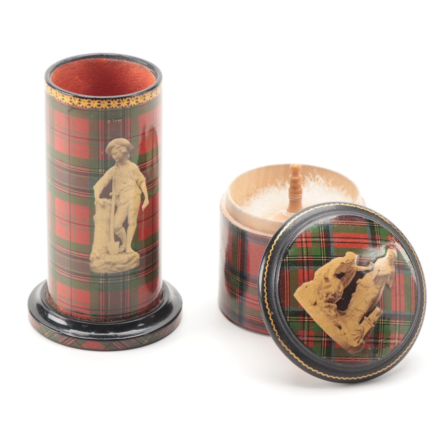Scottish Mauchline Tartan Ware Powder Jar and Brush Holder, Late 19th Century